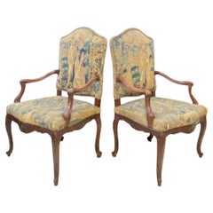 Pair of French Carved Oak Armchairs with Tapestry Upholstery, 19th Century