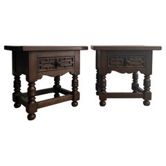 Retro Pair of French Carved Oak End Tables 