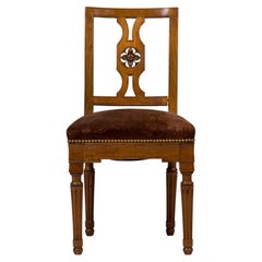 Pair of French Carved Oak Floral Medallion and Brown Velvet Side Chairs