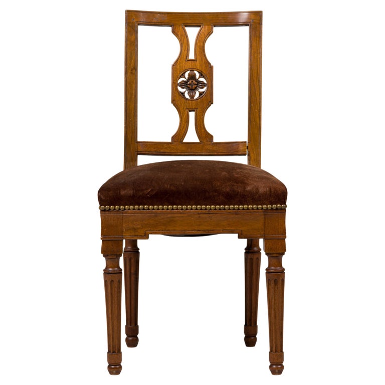 Pair of French Carved Oak Floral Medallion and Brown Velvet Side Chairs For Sale at 1stDibs