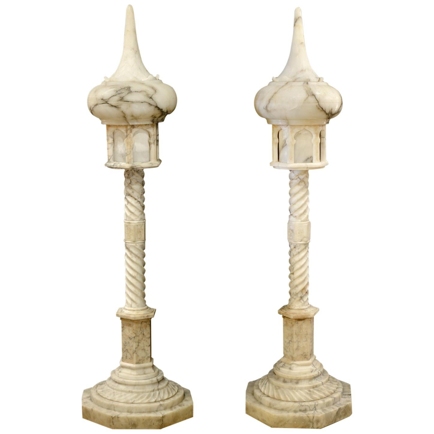 Pair of French Carved Onyx Moroccan Style Torchieres For Sale