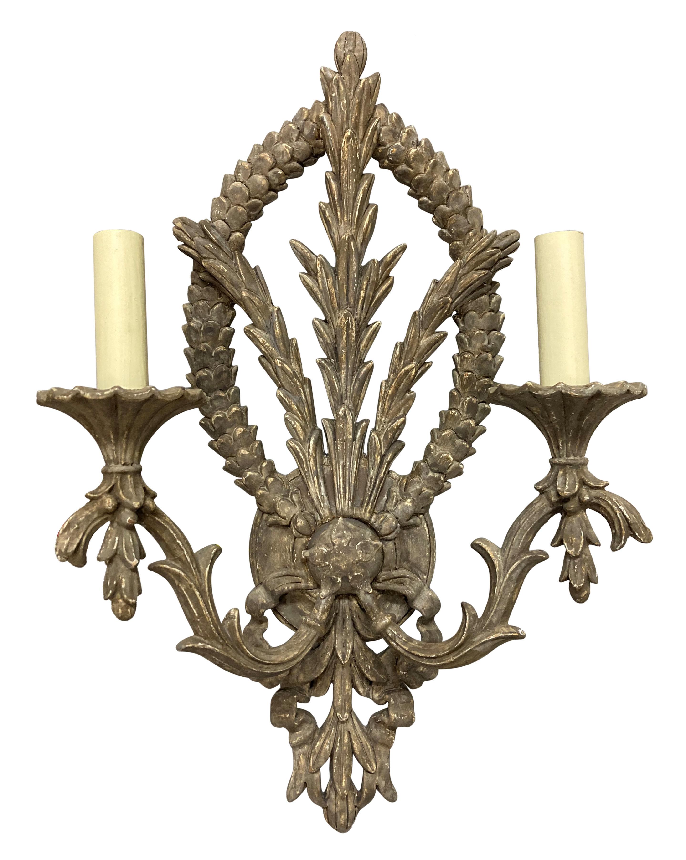 A pair of French carved & painted twin branch wall sconces, newly electrified.