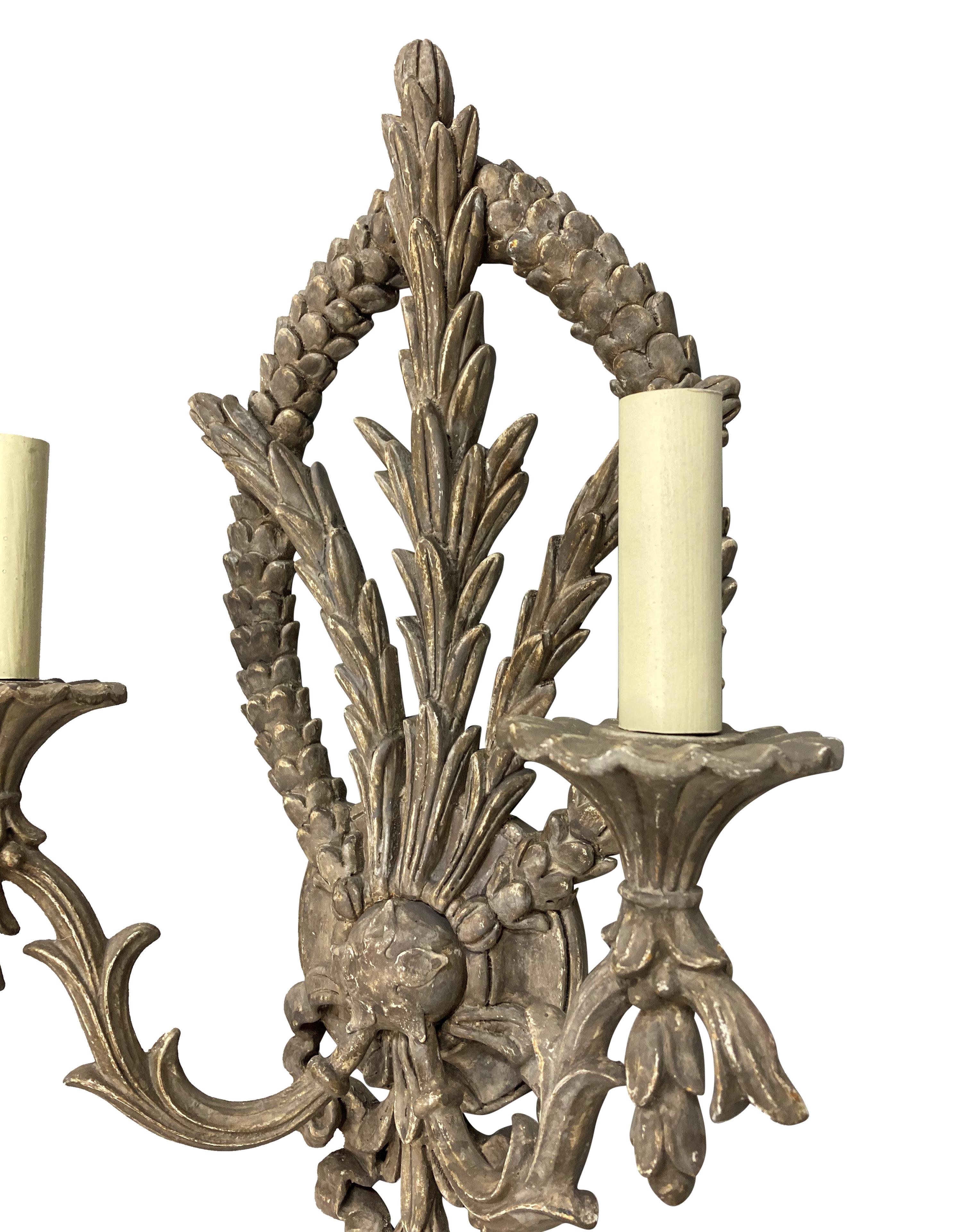 Brass Pair Of French Carved & Painted Wall Sconces For Sale