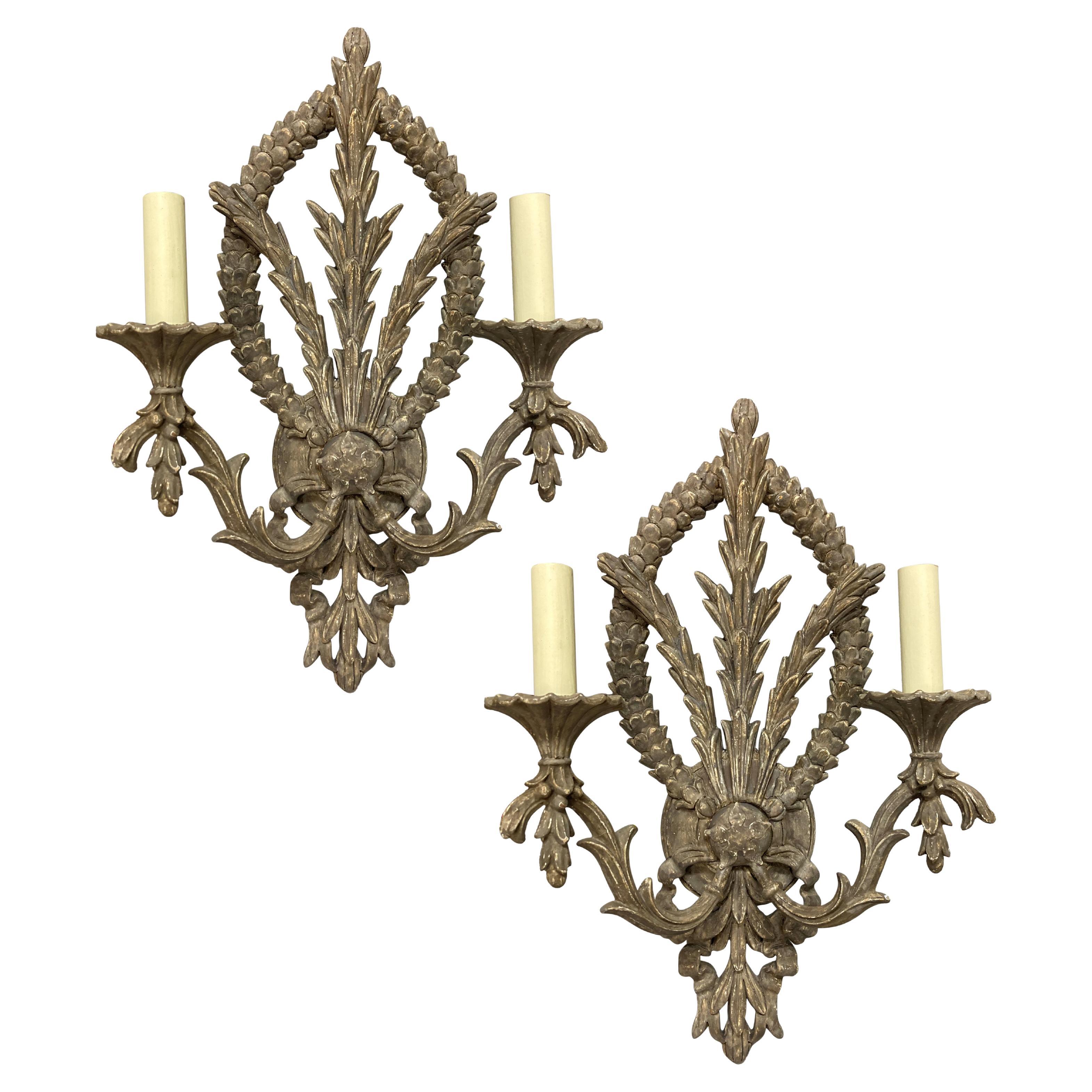 Pair Of French Carved & Painted Wall Sconces For Sale