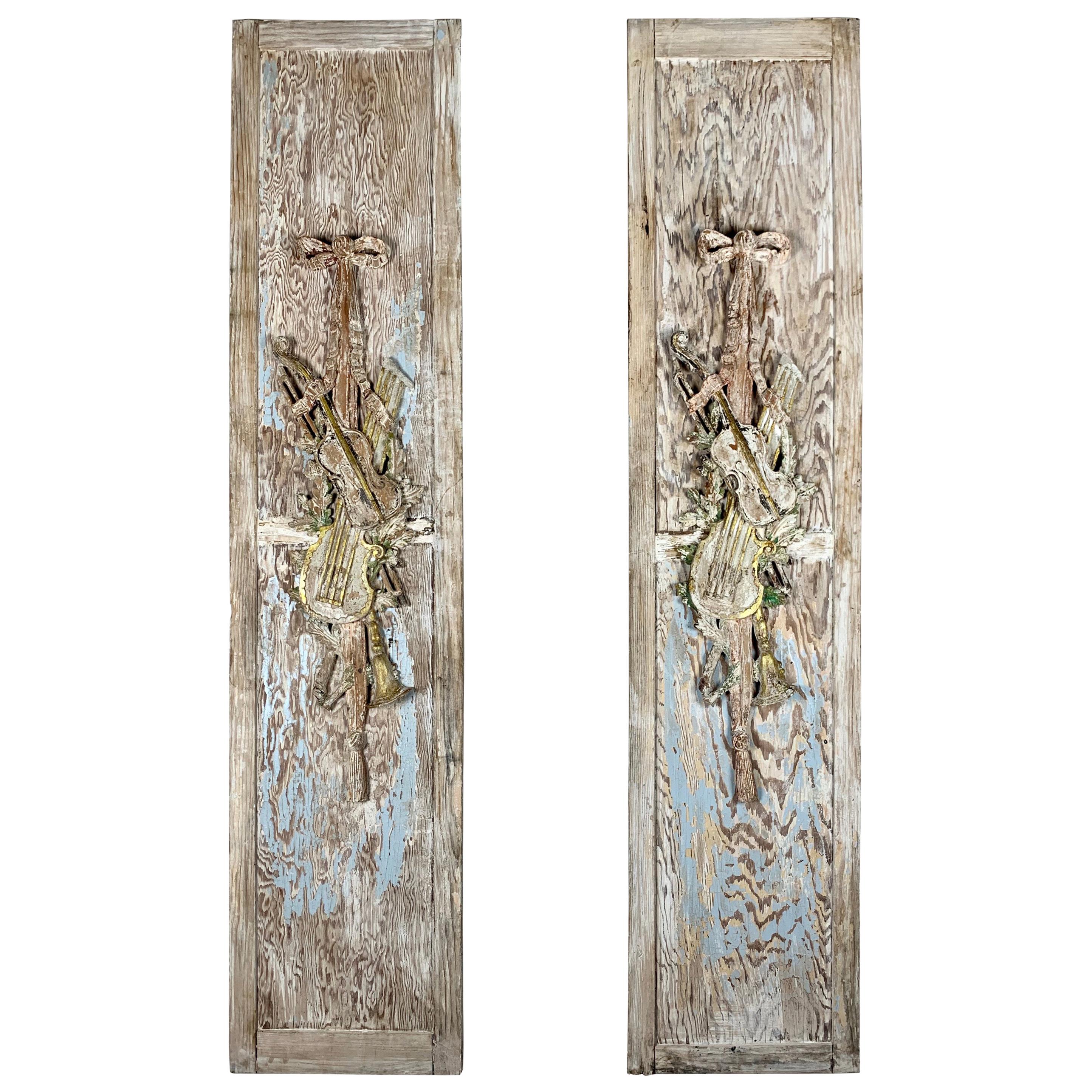 Pair of French Carved Panels with Musical Instruments, circa 1920s