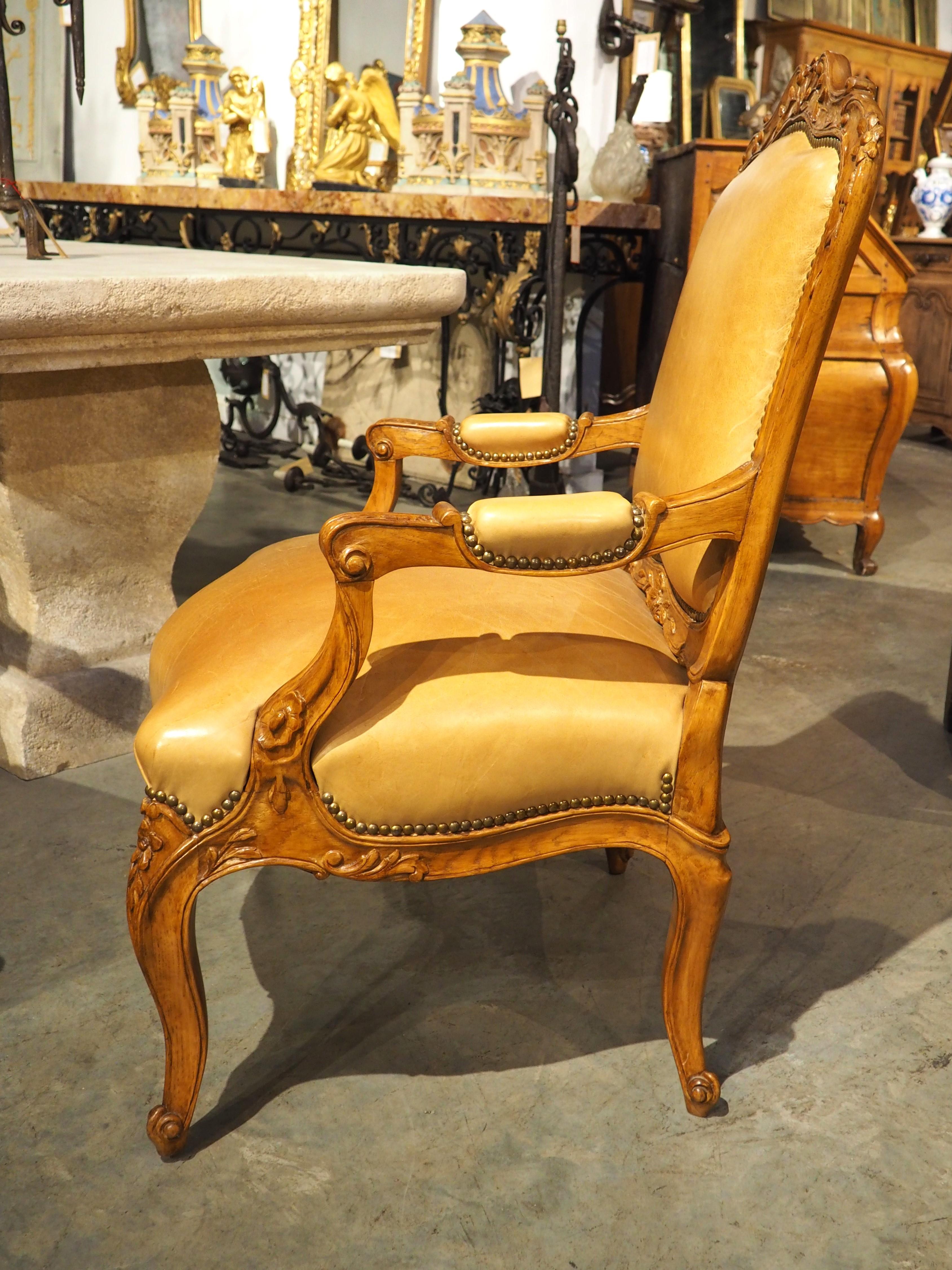 Pair of French Carved Regence Style Armchairs with Leather Upholstery, C. 1900 3