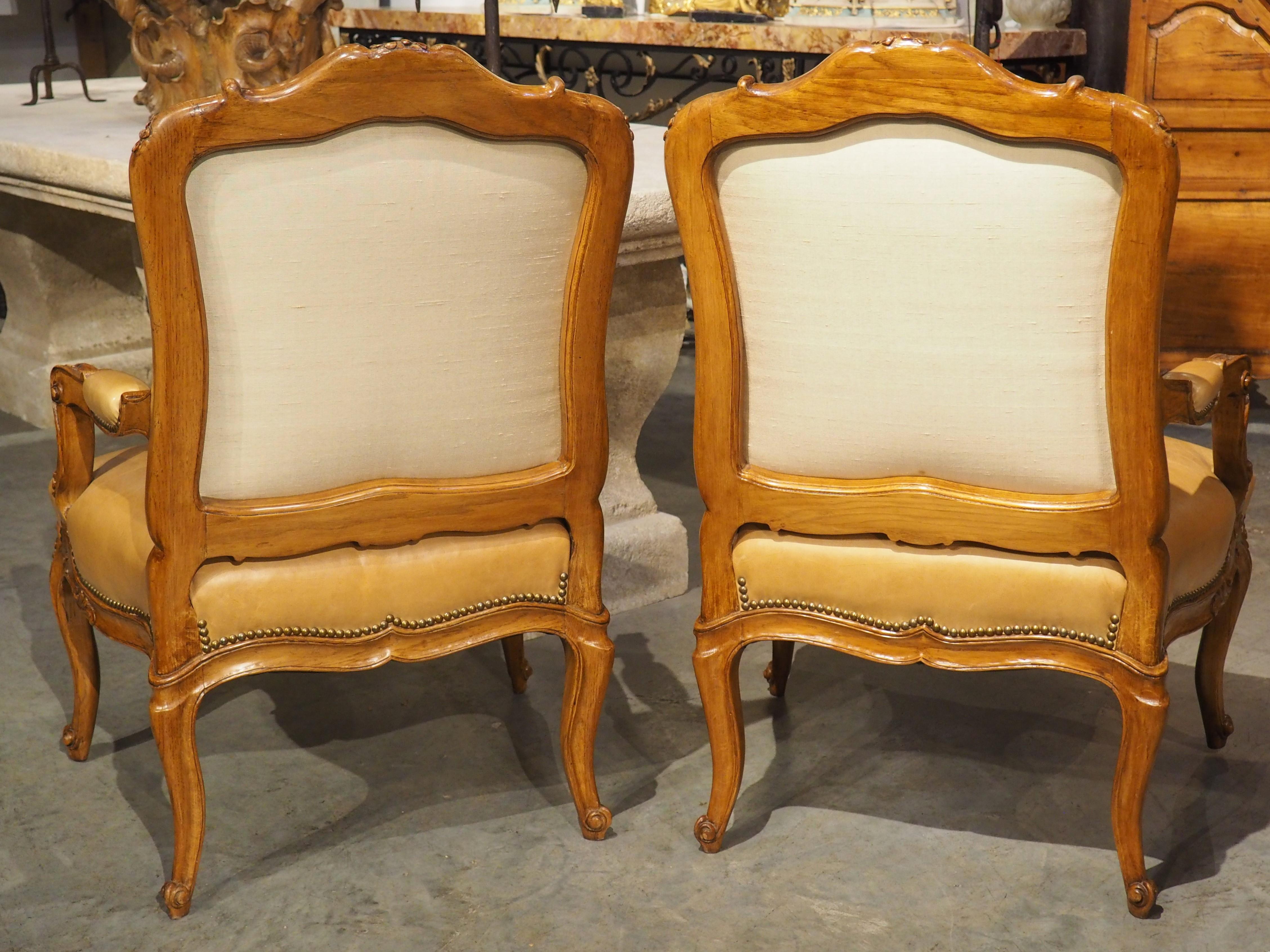 Pair of French Carved Regence Style Armchairs with Leather Upholstery, C. 1900 5