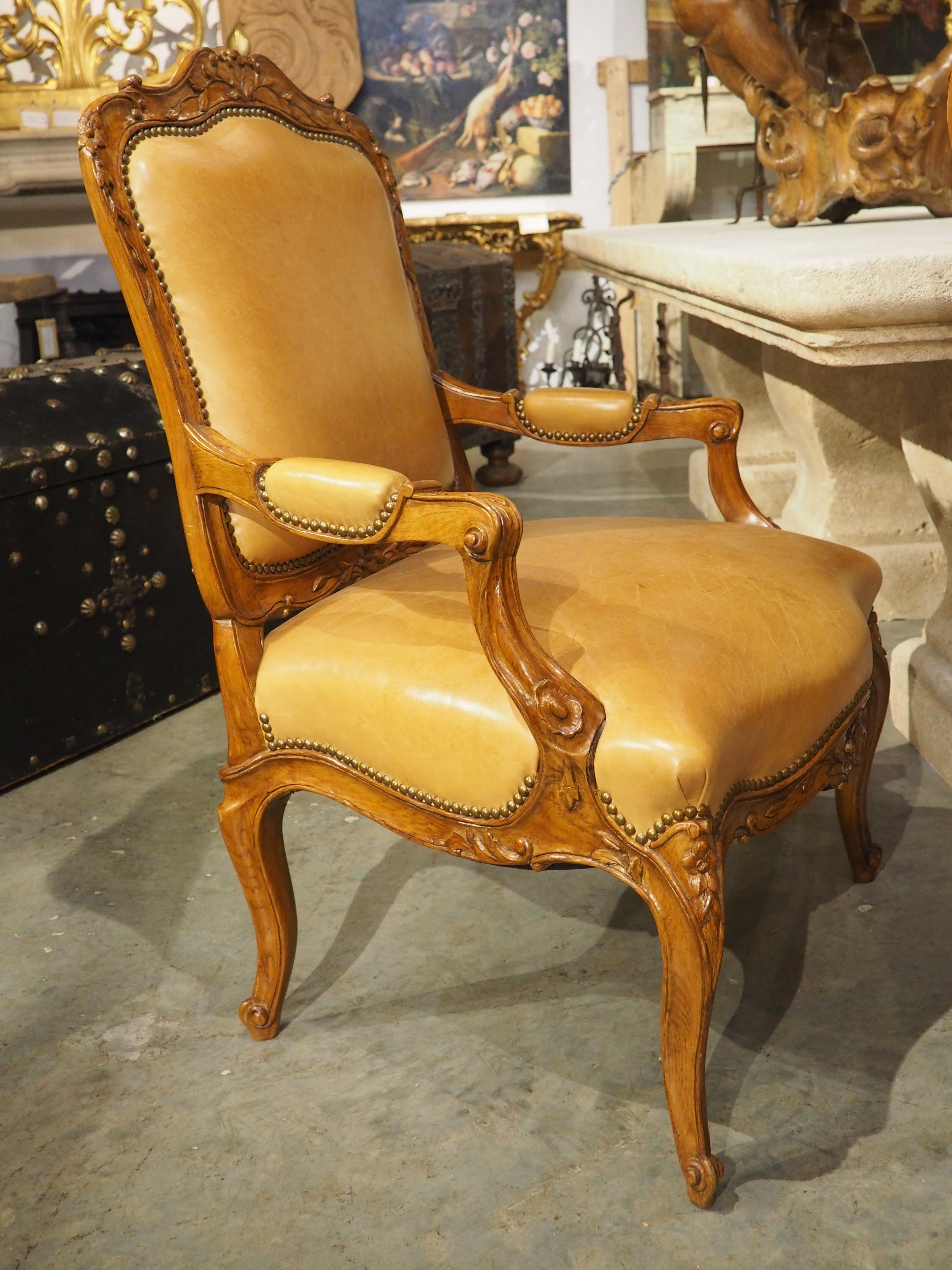 Pair of French Carved Regence Style Armchairs with Leather Upholstery, C. 1900 6