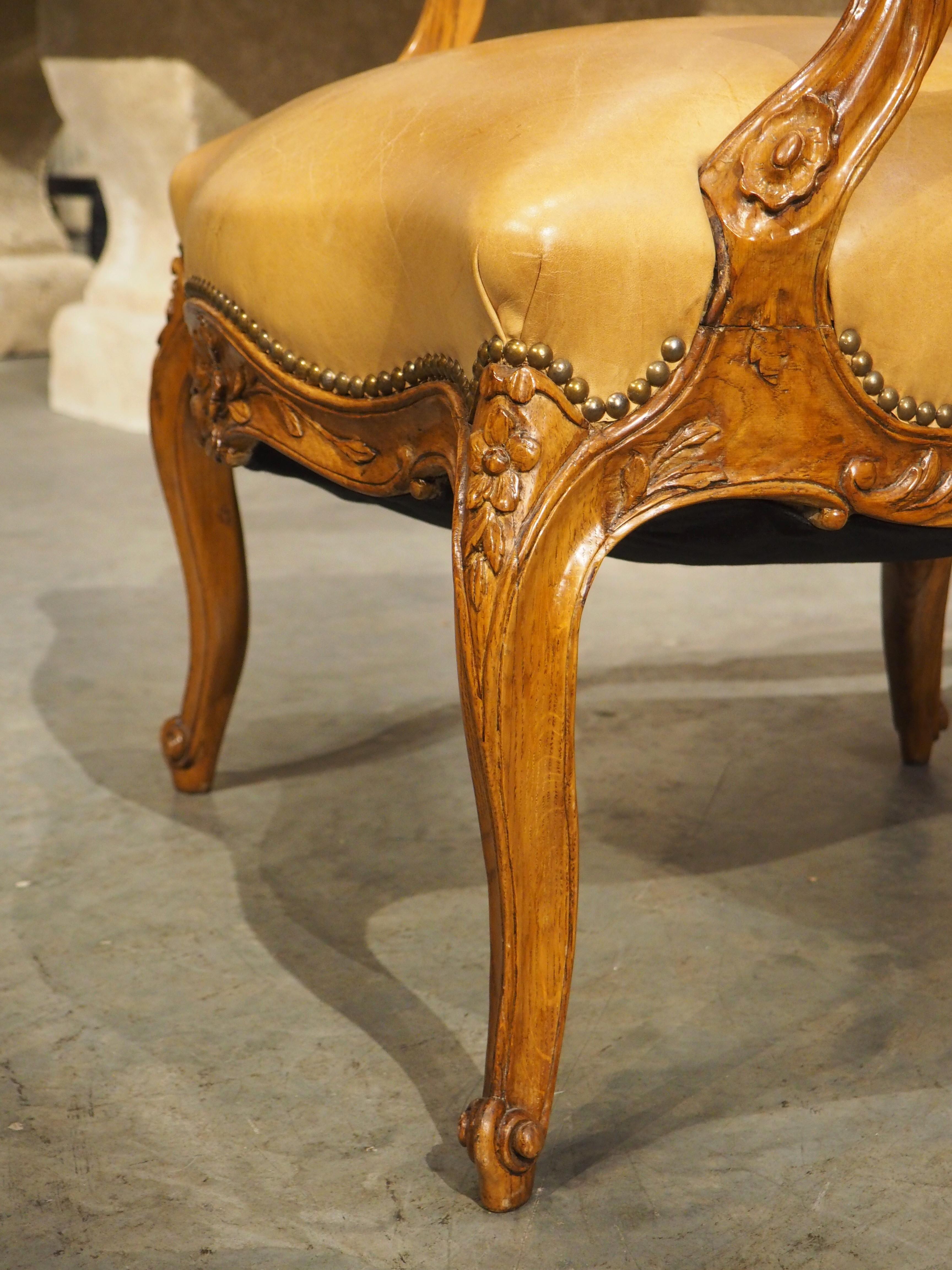 Pair of French Carved Regence Style Armchairs with Leather Upholstery, C. 1900 11