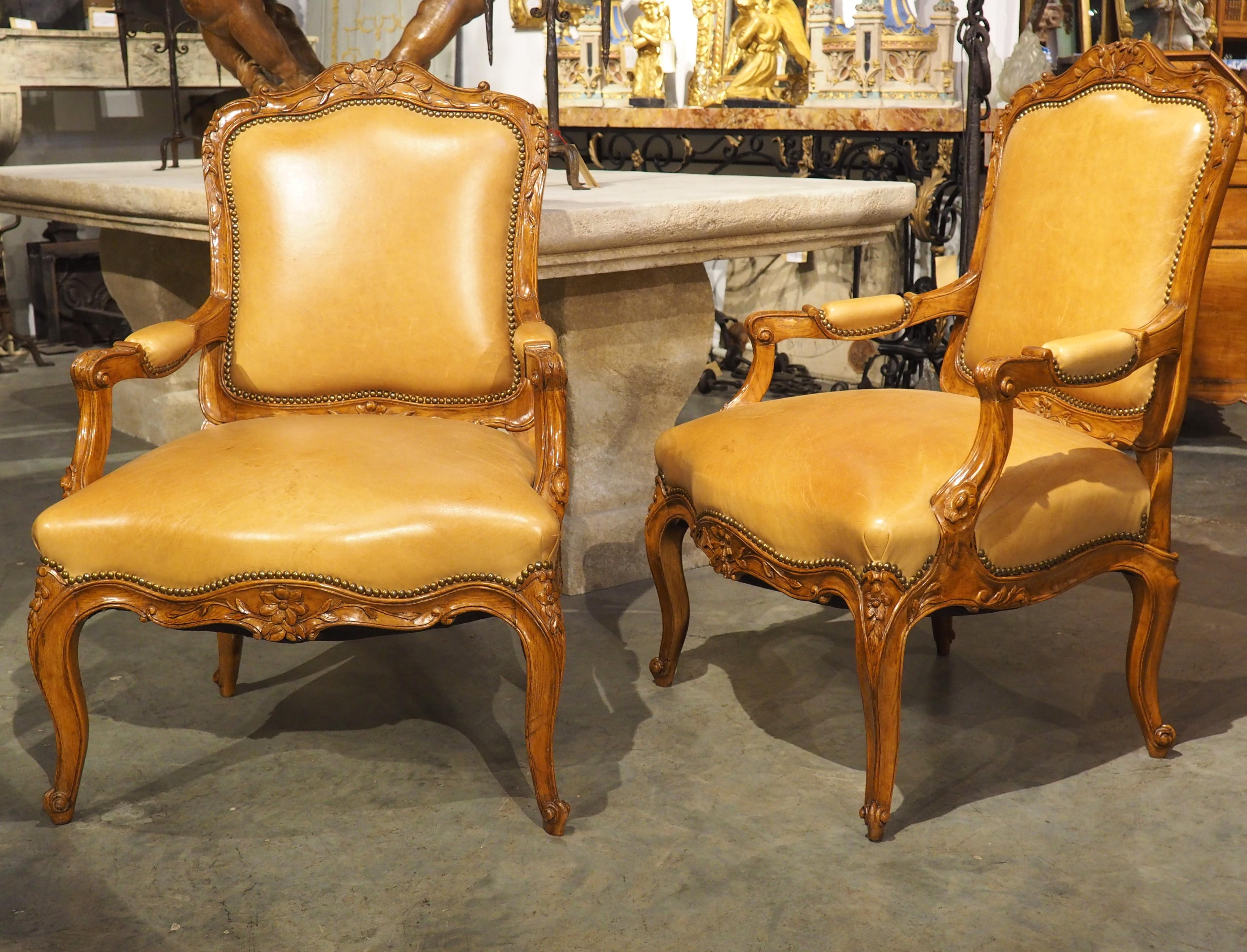 Pair of French Carved Regence Style Armchairs with Leather Upholstery, C. 1900 12