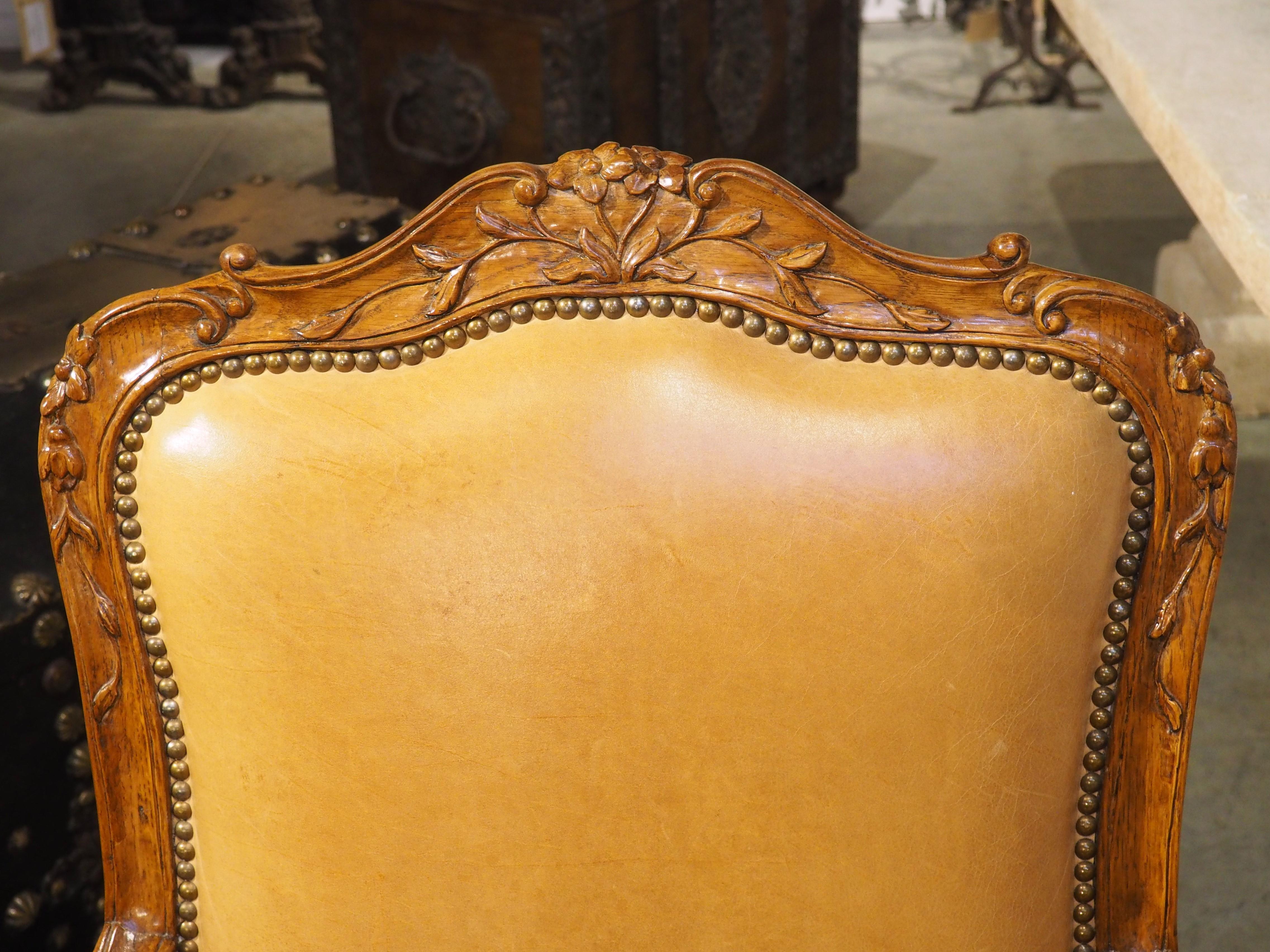 Louis XV Pair of French Carved Regence Style Armchairs with Leather Upholstery, C. 1900 For Sale