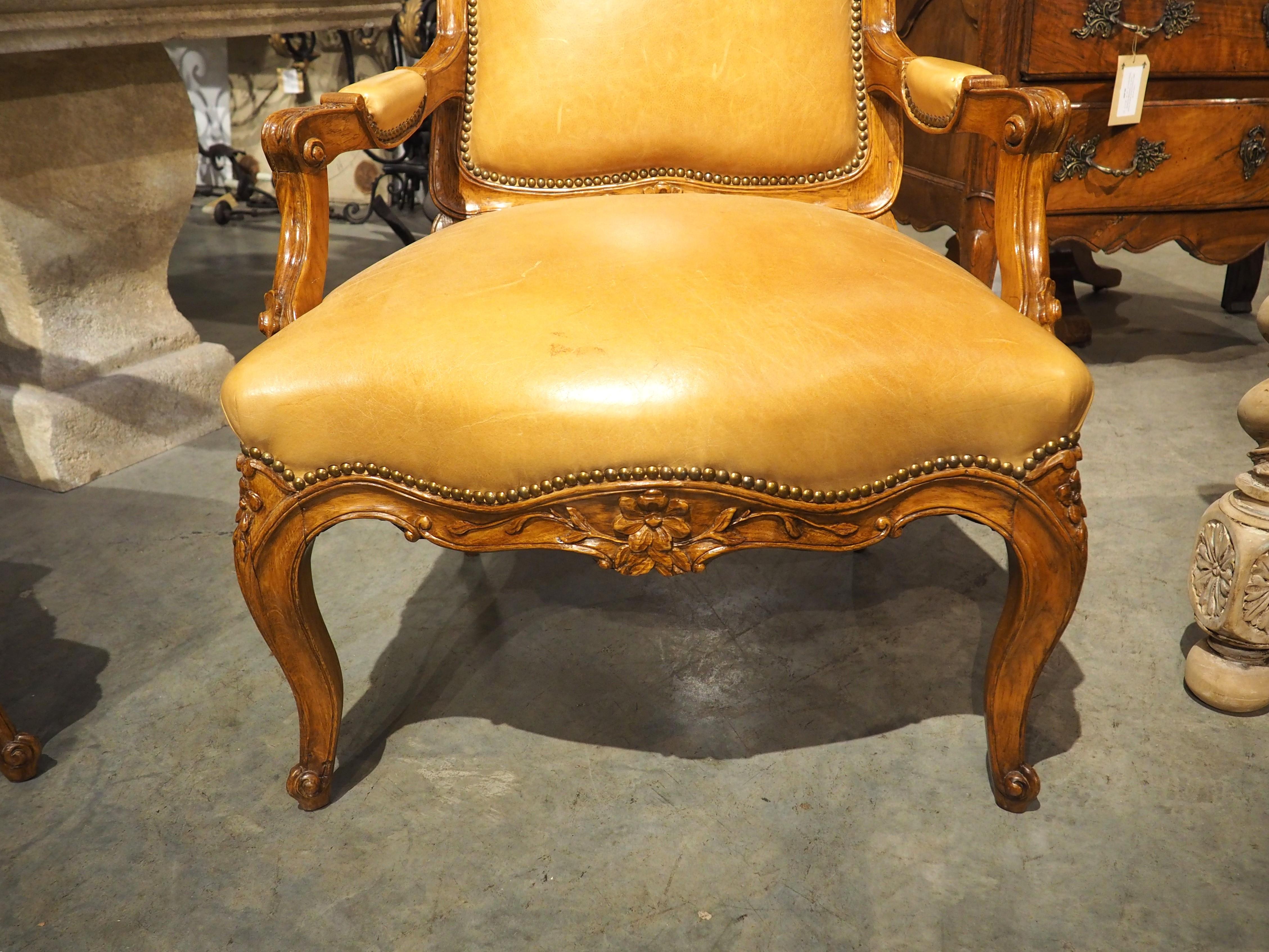 Pair of French Carved Regence Style Armchairs with Leather Upholstery, C. 1900 1