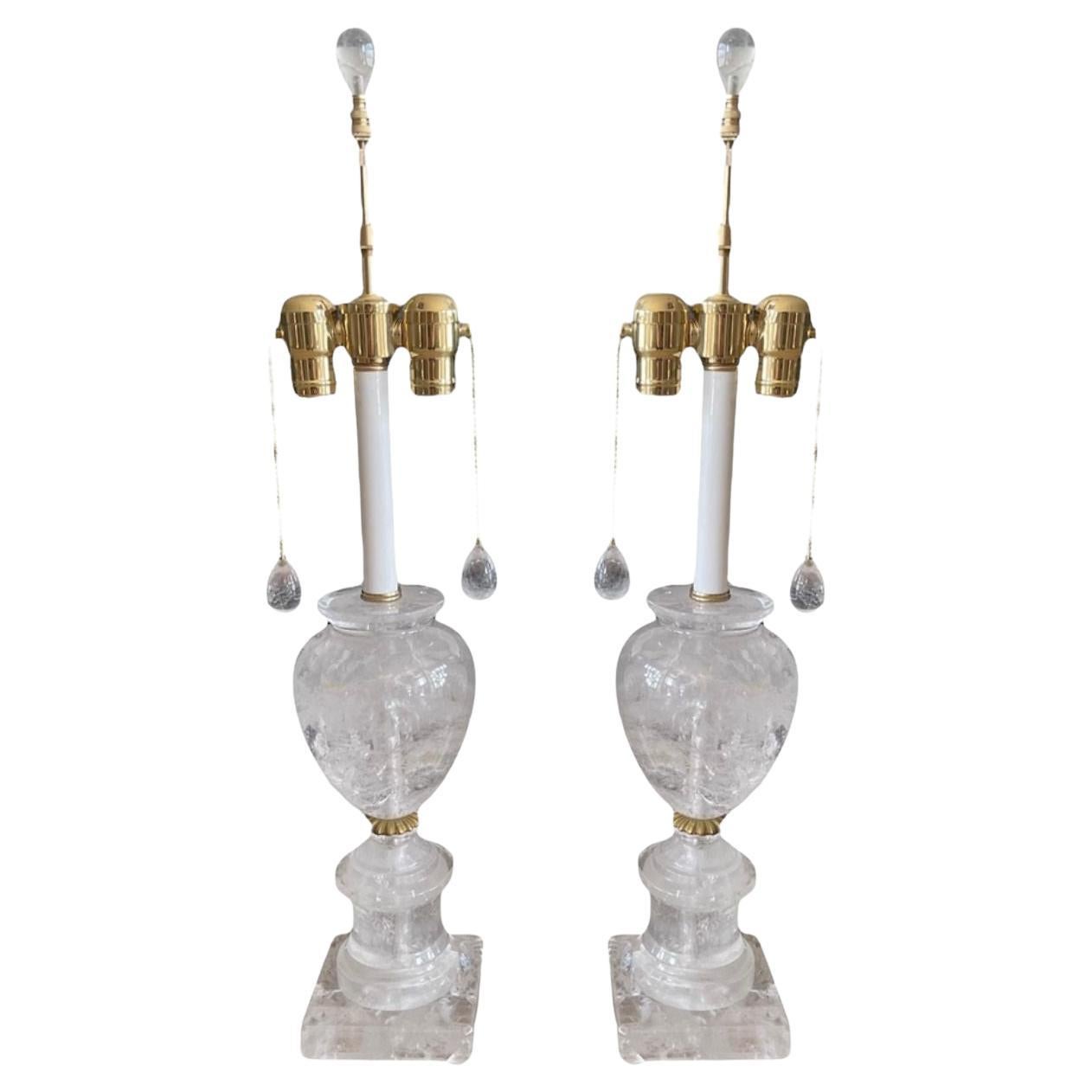Pareja de Lámparas de Mesa Francesas de Cristal de Roca Tallado, Siglo XX