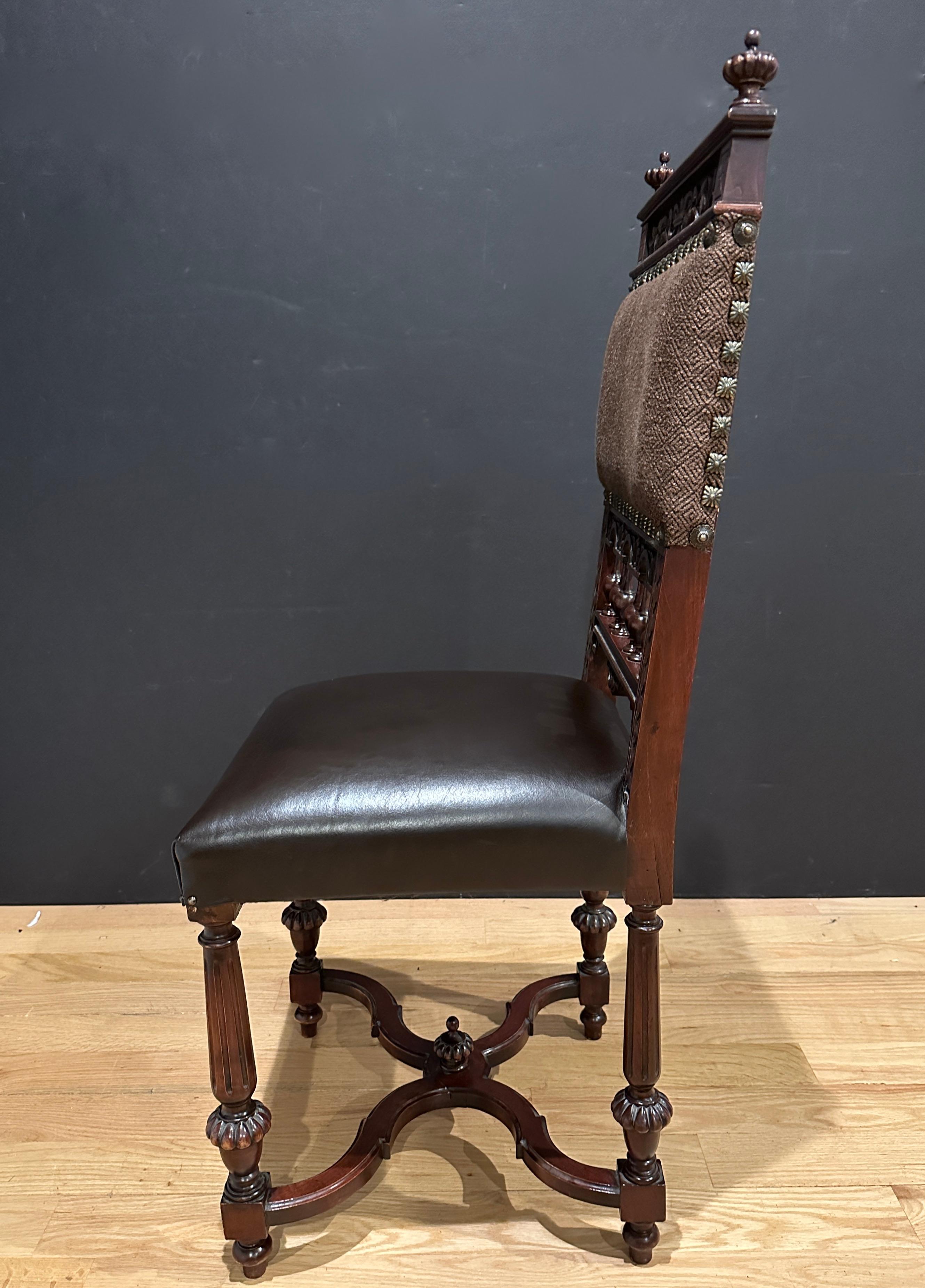 Leather Pair Of French Carved Side Chairs For Sale