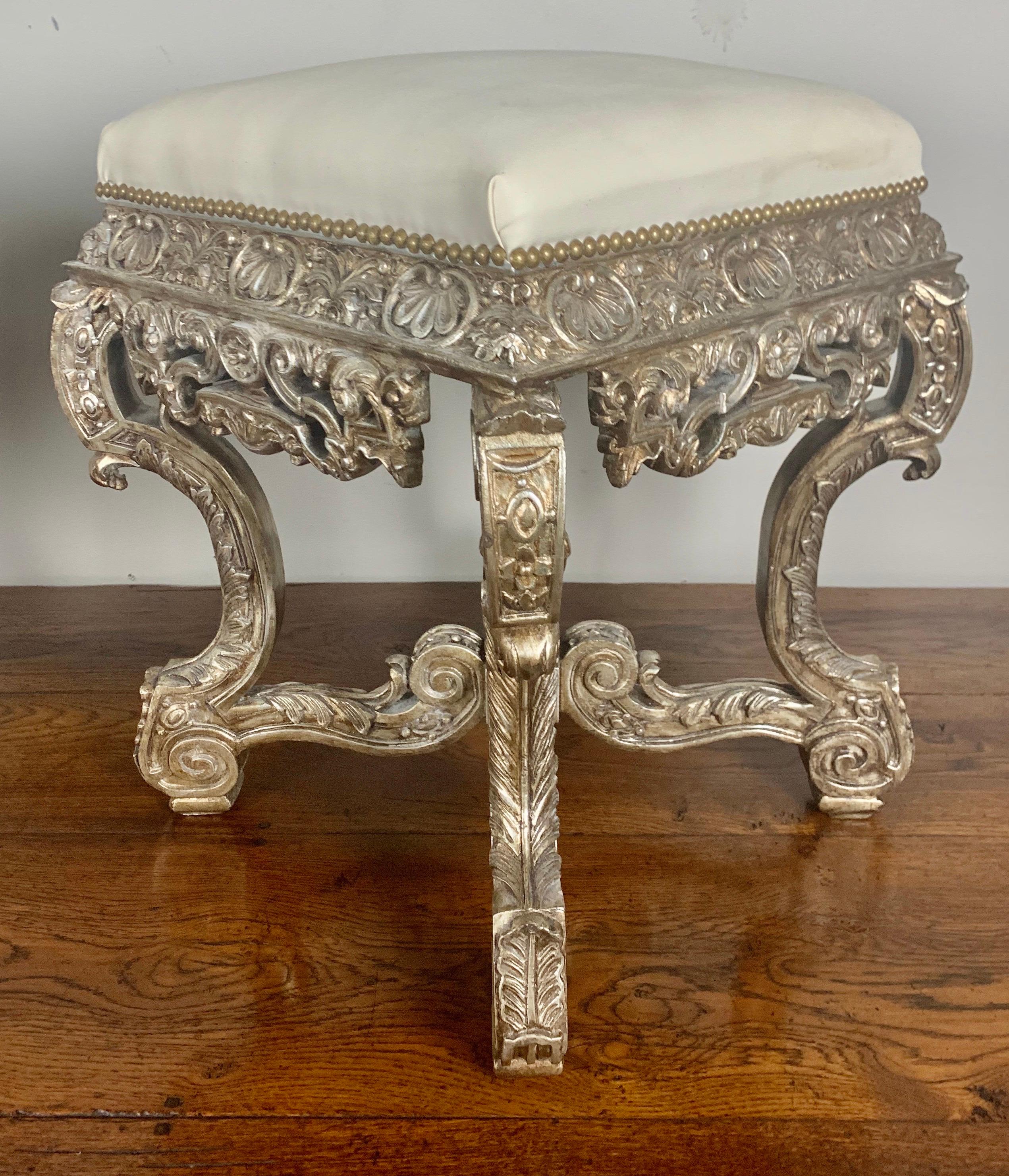 Pair of French Carved Silver Gilt and Leather Benches 7