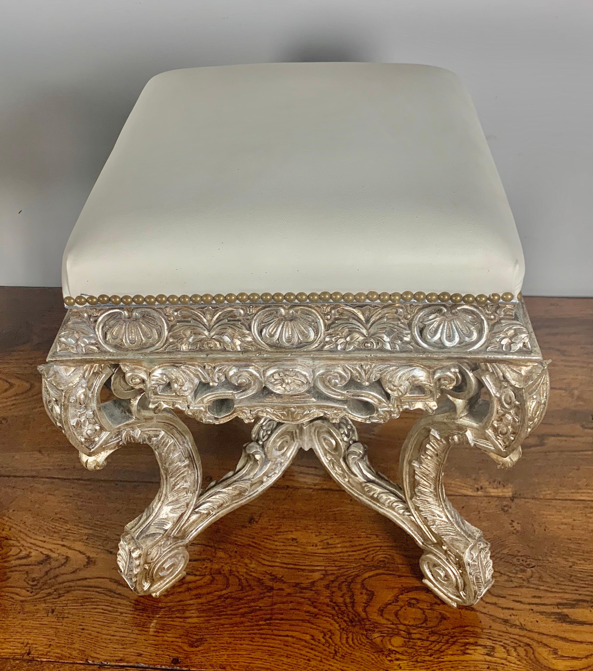 Pair of French Carved Silver Gilt and Leather Benches 8