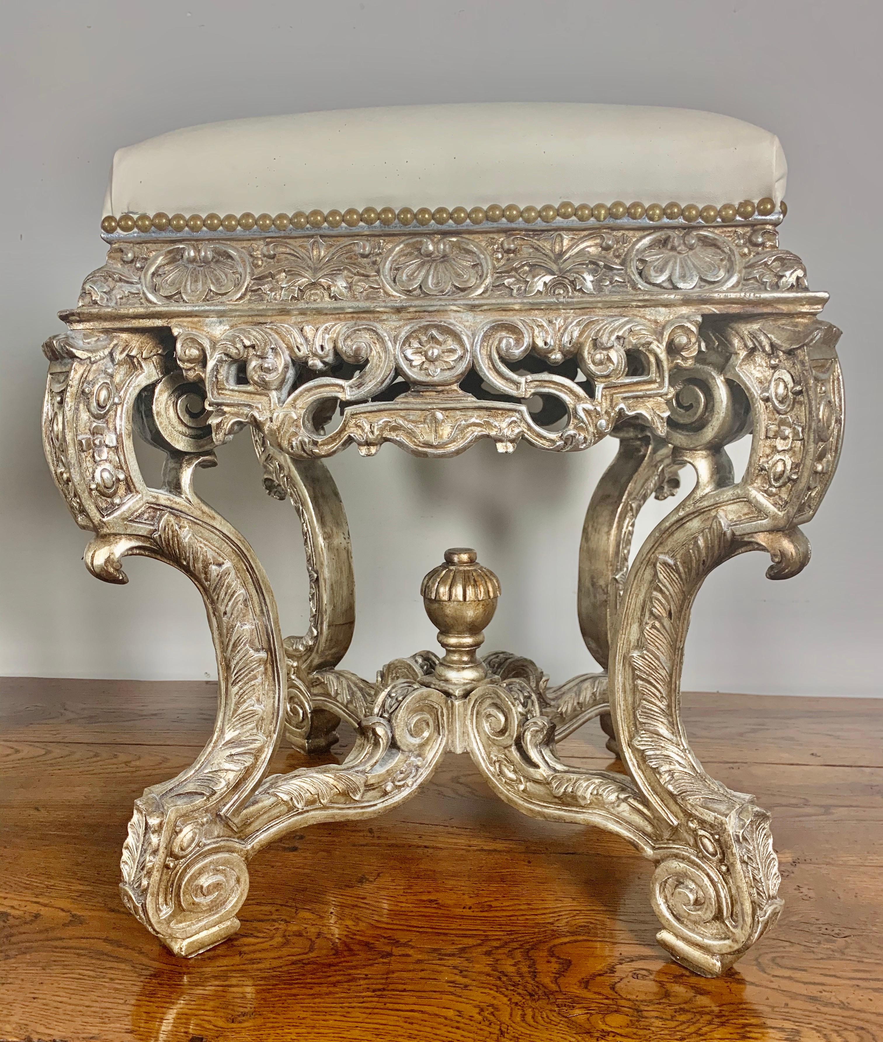 Pair of French Carved Silver Gilt and Leather Benches 10