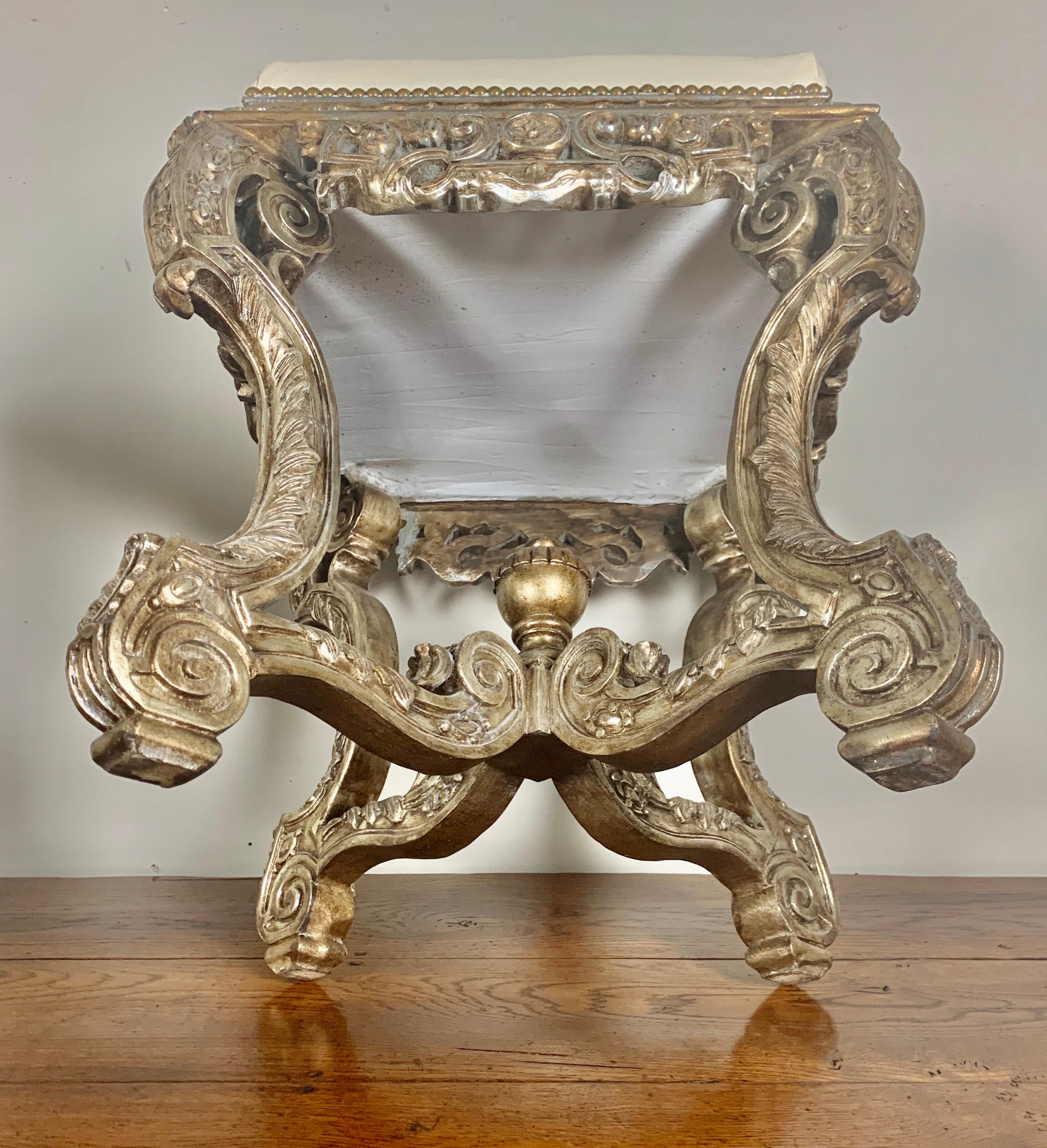 Pair of French Carved Silver Gilt and Leather Benches 9