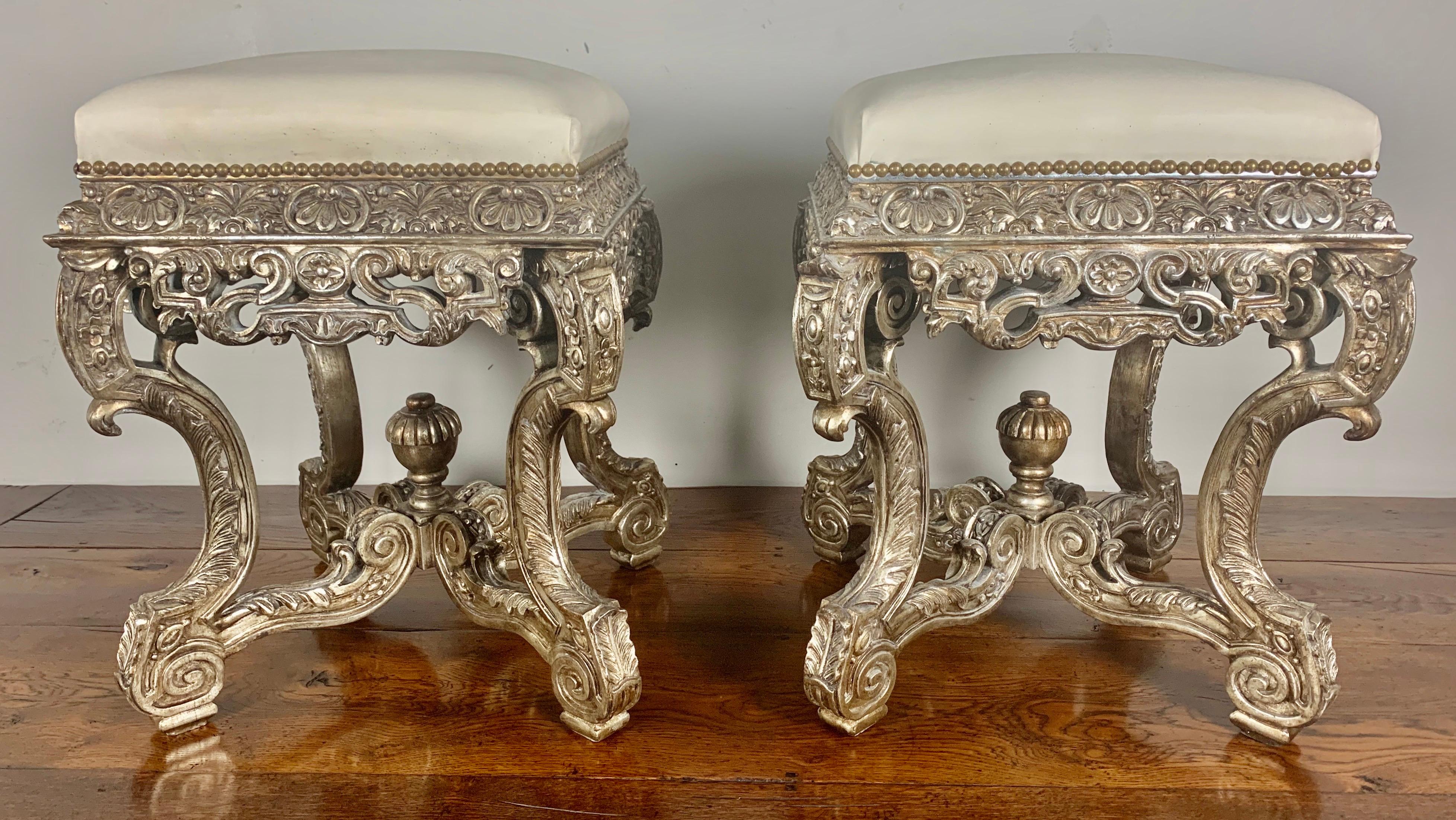 Baroque Pair of French Carved Silver Gilt and Leather Benches