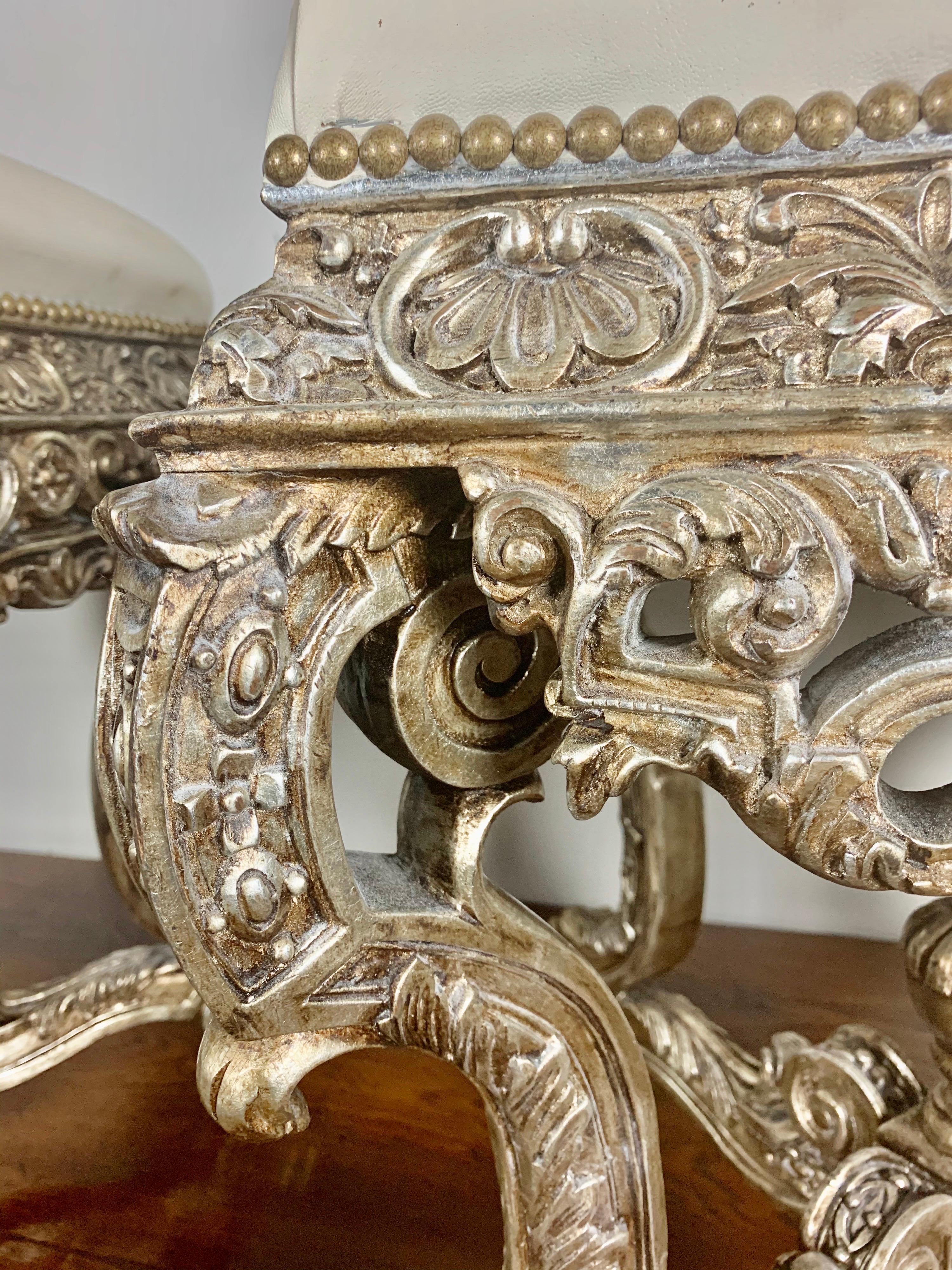 Pair of French Carved Silver Gilt and Leather Benches 1