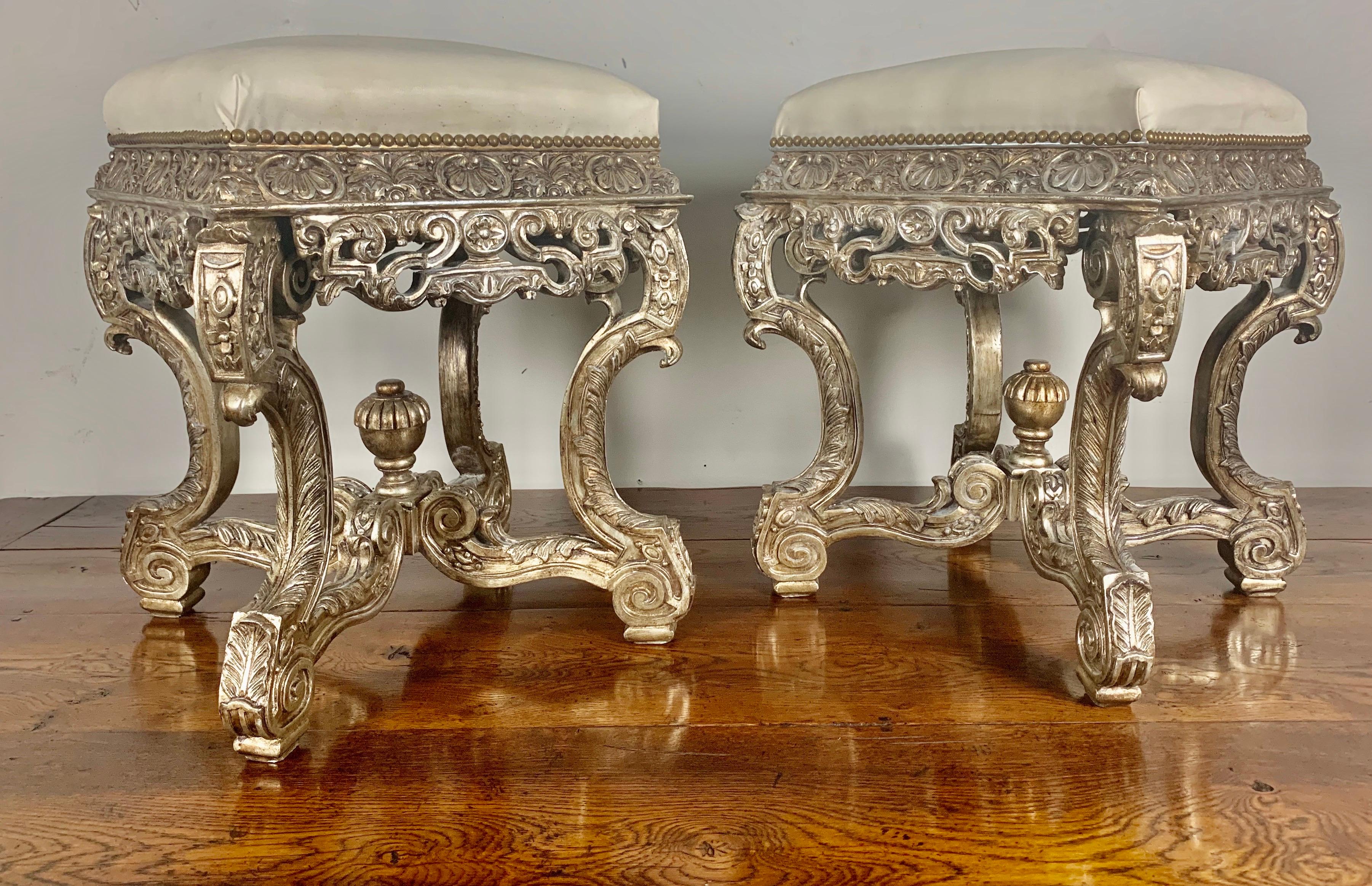 Pair of French Carved Silver Gilt and Leather Benches 4