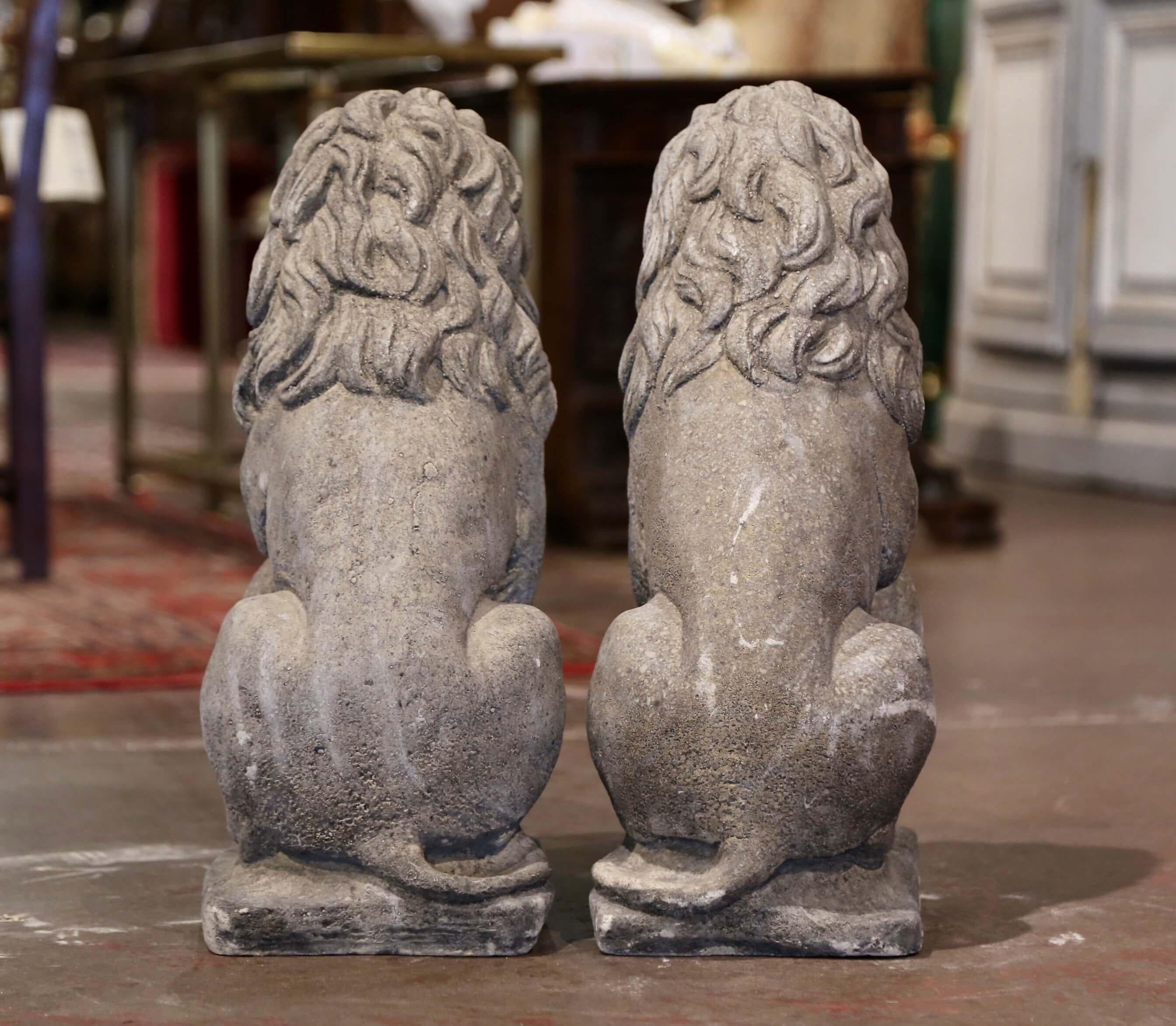 Paar französische geschnitzte heraldische Löwen-Skulpturen, Gartenstatuen aus Stein im Angebot 3