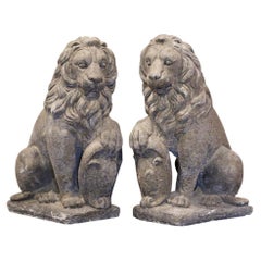 Pair of French Carved Stone Heraldic Lions Sculptures Garden Statuary