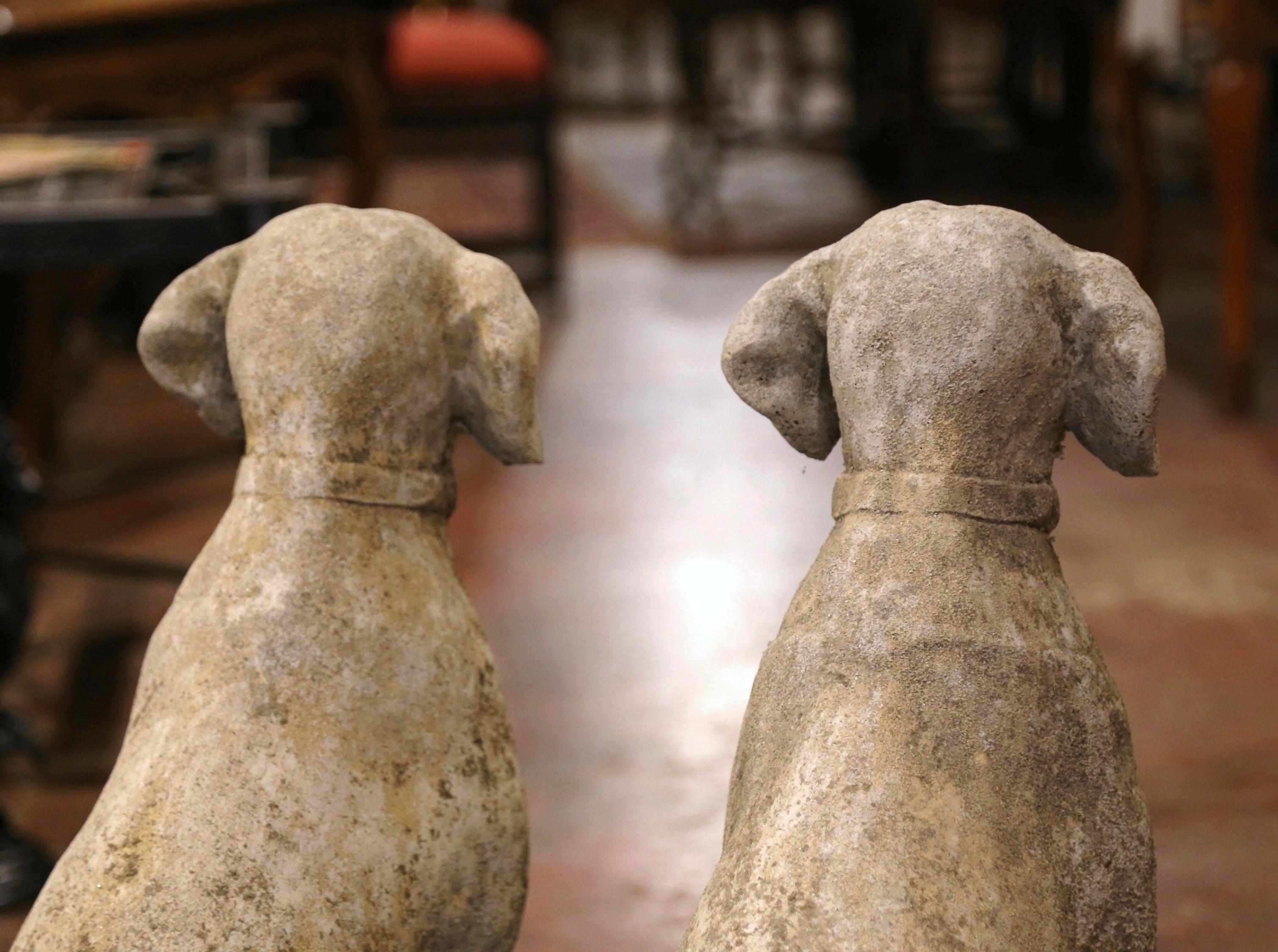 Pair of French Carved Stone Weathered Patinated Labrador Dog Sculptures 6
