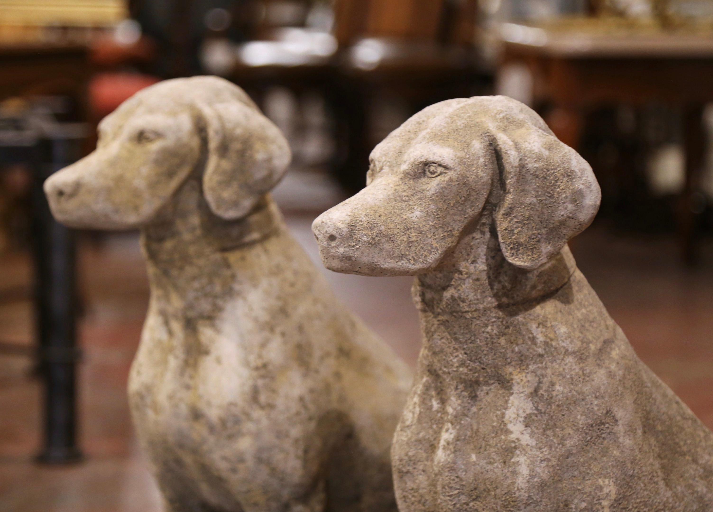 Hand-Carved Pair of French Carved Stone Weathered Patinated Labrador Dog Sculptures