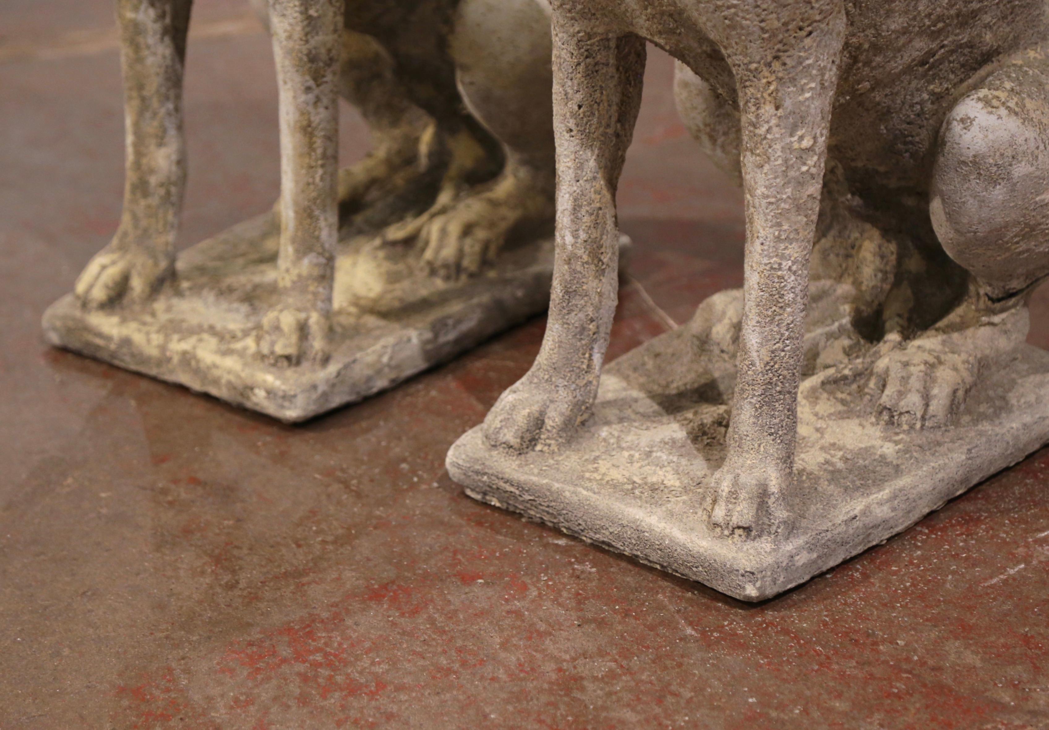 Pair of French Carved Stone Weathered Patinated Labrador Dog Sculptures In Excellent Condition In Dallas, TX