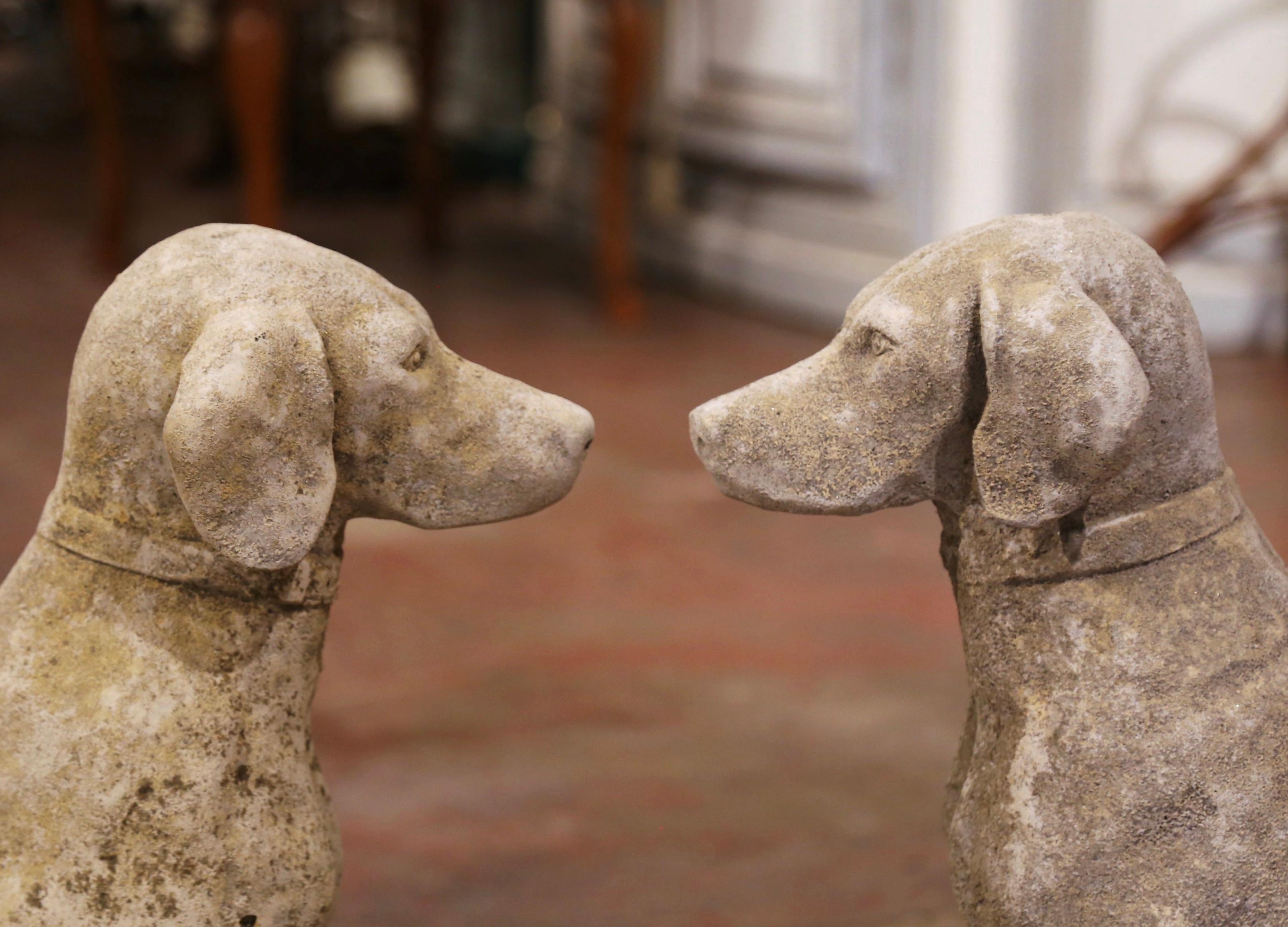 Pair of French Carved Stone Weathered Patinated Labrador Dog Sculptures 2