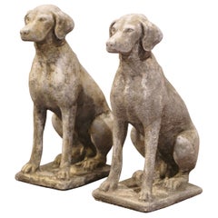 Pair of French Carved Stone Weathered Patinated Labrador Dog Sculptures