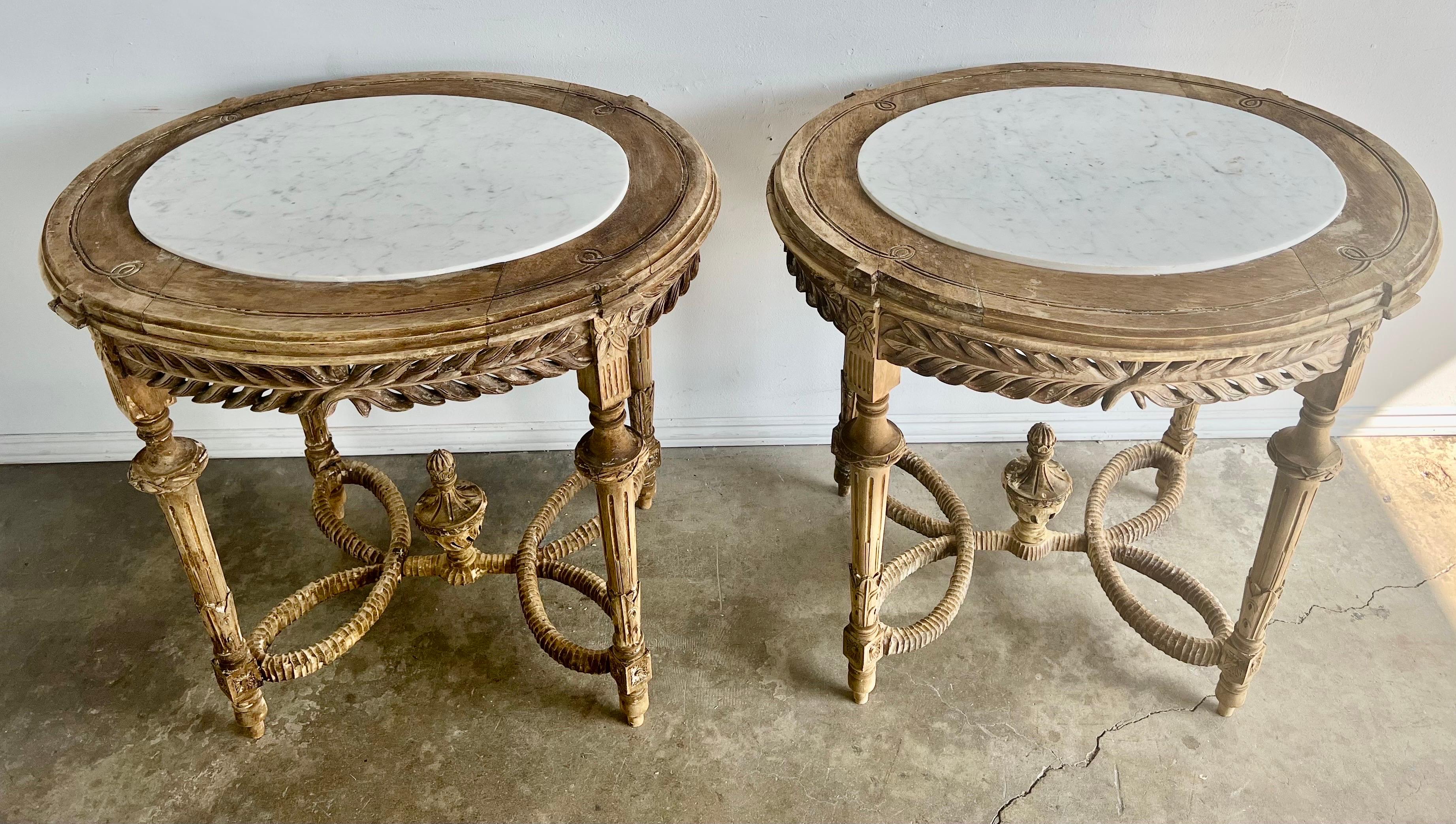 French Provincial Pair of French Carved Tables w/ Marble Tops
