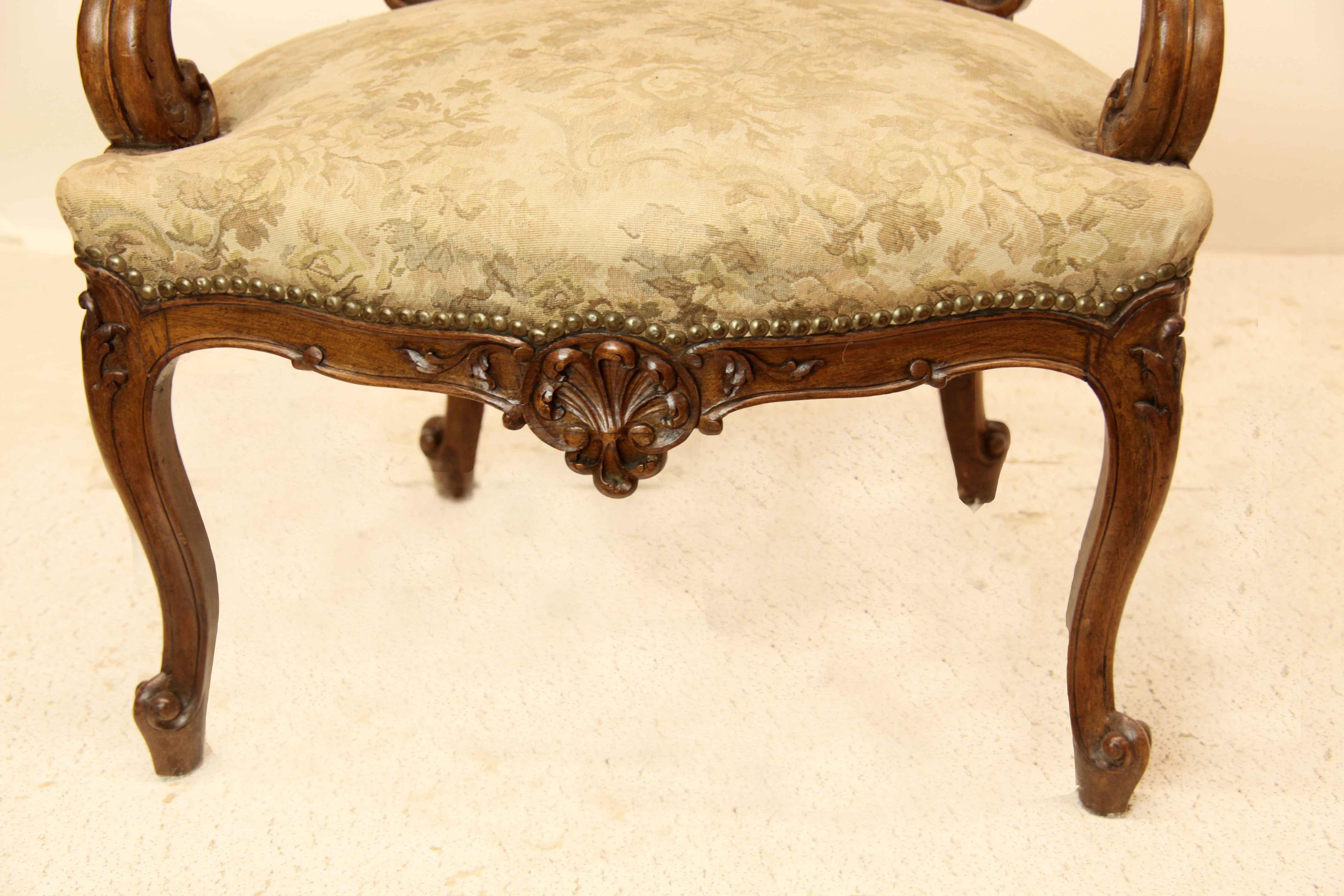 Pair of French Carved Walnut Armchairs For Sale 2