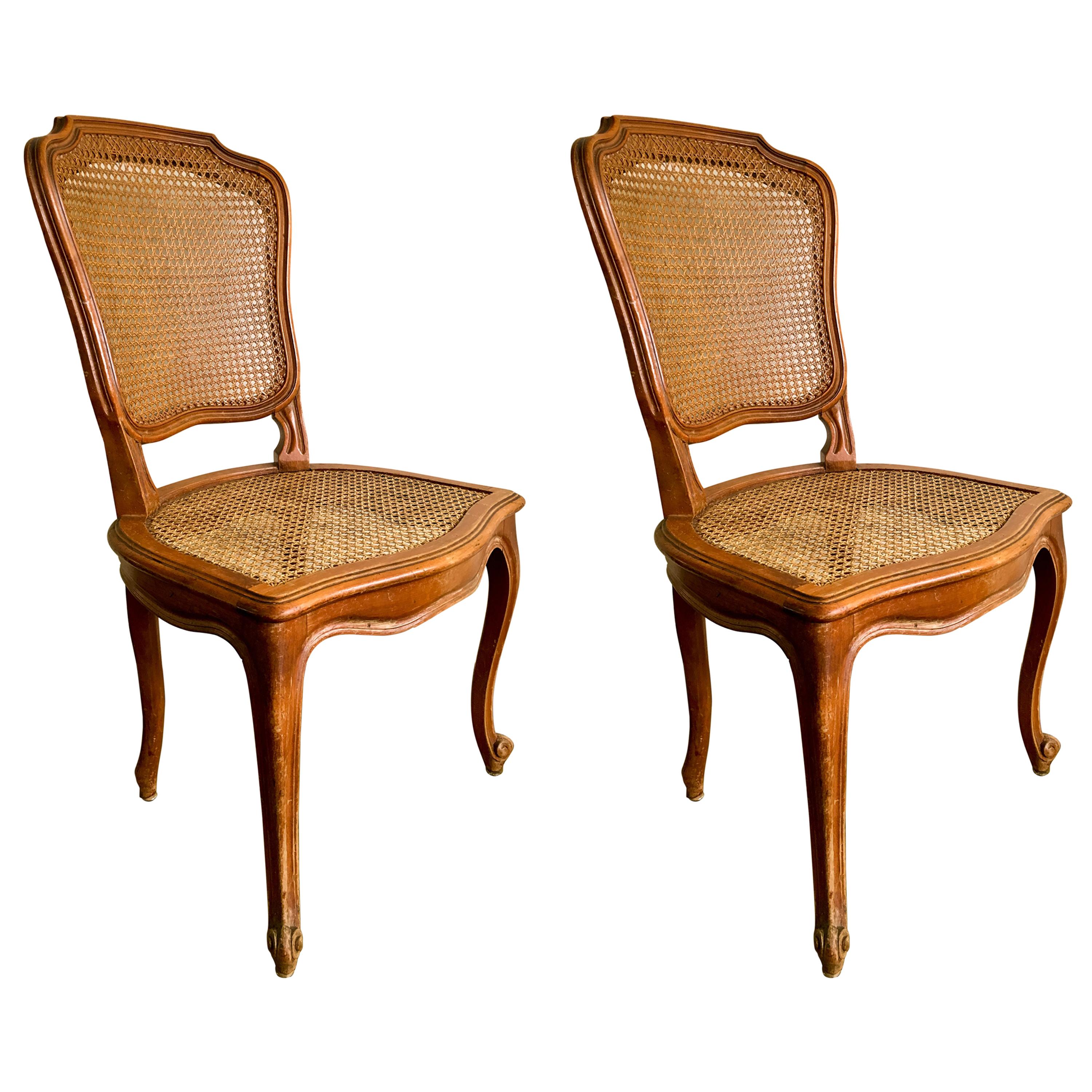 Pair of French Carved Walnut Chairs in Style of Louis XV For Sale
