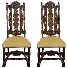 Pair of French Carved Walnut Hall Chairs, Circa 1840