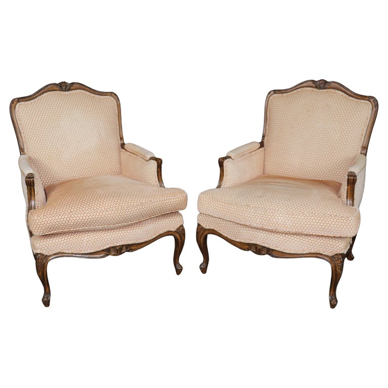 Pair of French Louis XV Walnut Bergere Chairs Pair of French Louis XV Walnut Bergere Chairs