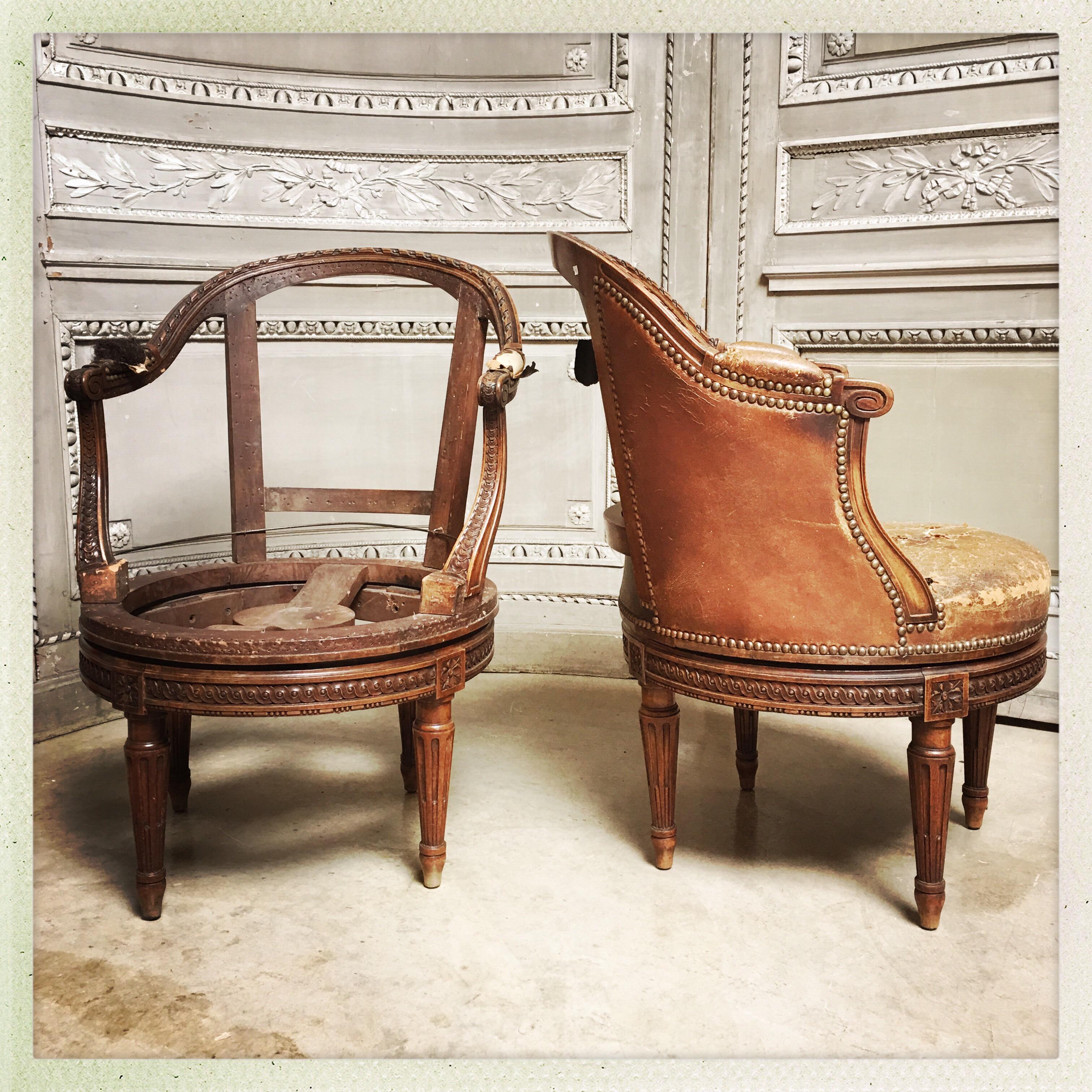 Pair of French Carved Walnut Louis XVI Style Swivel Desk Chair In Good Condition In Dallas, TX