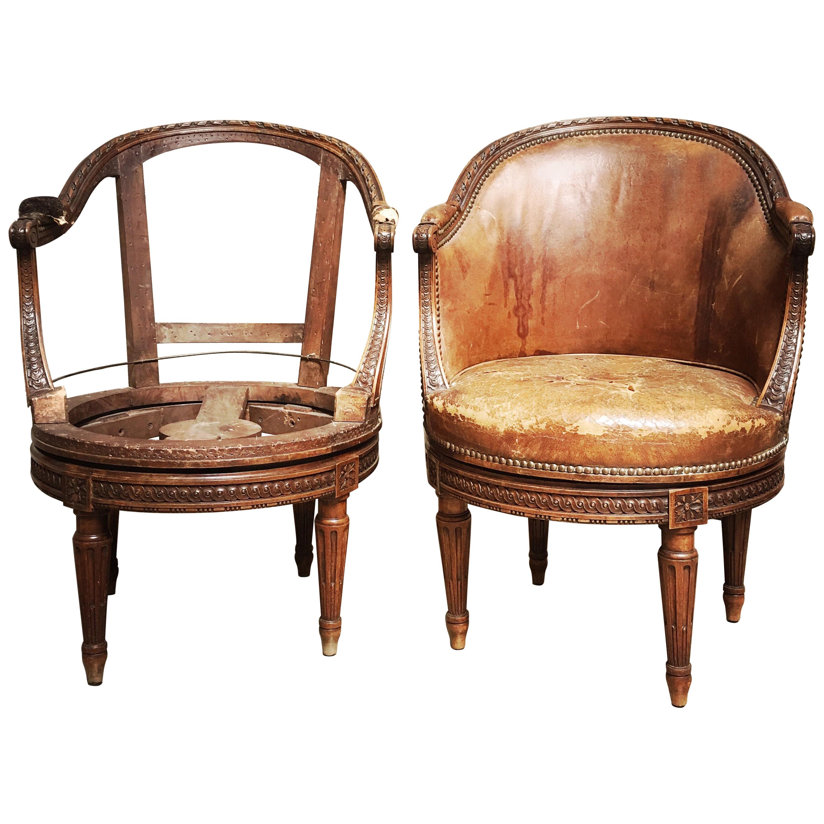Pair of French Carved Walnut Louis XVI Style Swivel Desk Chair