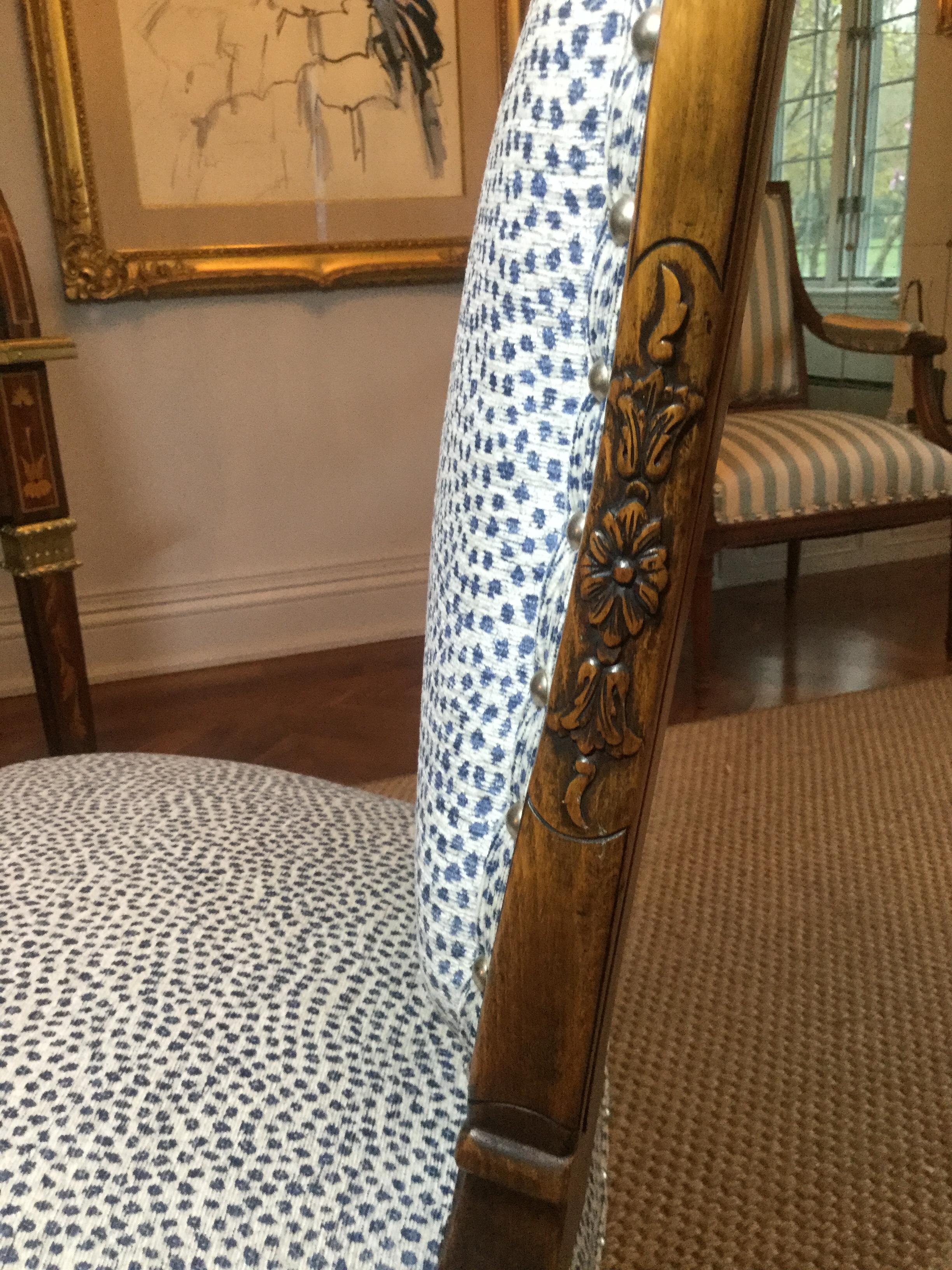 Pair of French Carved Walnut Side Chairs with Cheetah Blue and White Upholstery For Sale 3