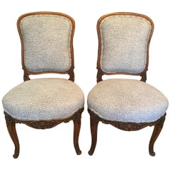 Pair of French Carved Walnut Side Chairs with Cheetah Blue and White Upholstery