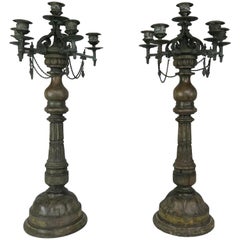 Pair of French Carved Wood and Cast Bronze Candlesticks