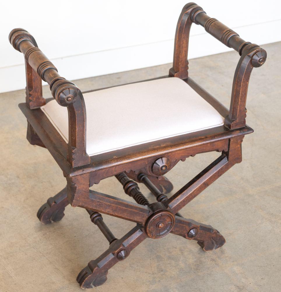 Pair of French Carved Wood and Linen Stools For Sale 11