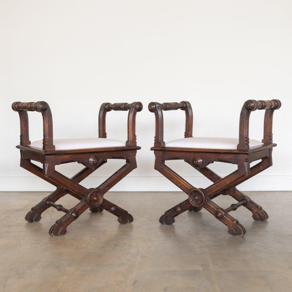 Beautiful pair of carved wood stools from France, 1920s. Intricate carving on 