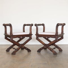 1920s Pair of French Carved Wood and Linen Stools