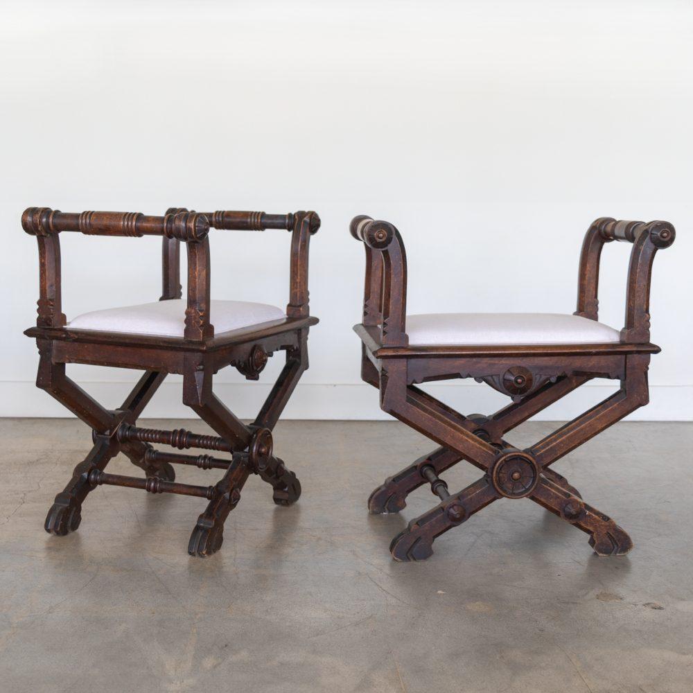 20th Century Pair of French Carved Wood and Linen Stools For Sale