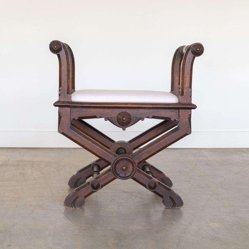 Pair of French Carved Wood and Linen Stools For Sale 1