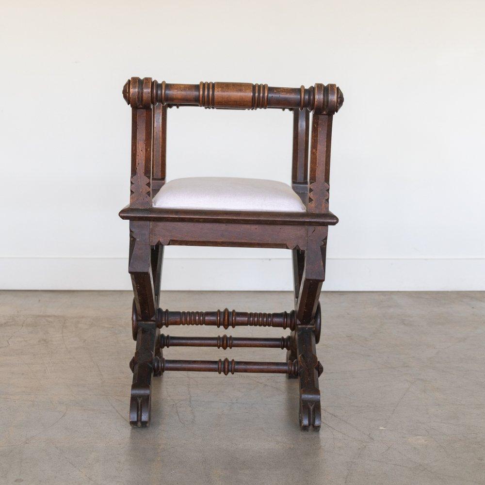 Pair of French Carved Wood and Linen Stools For Sale 3