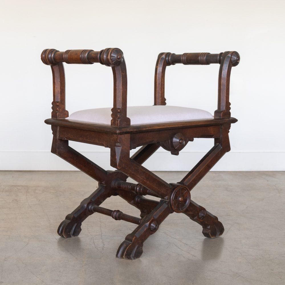 Pair of French Carved Wood and Linen Stools For Sale 4