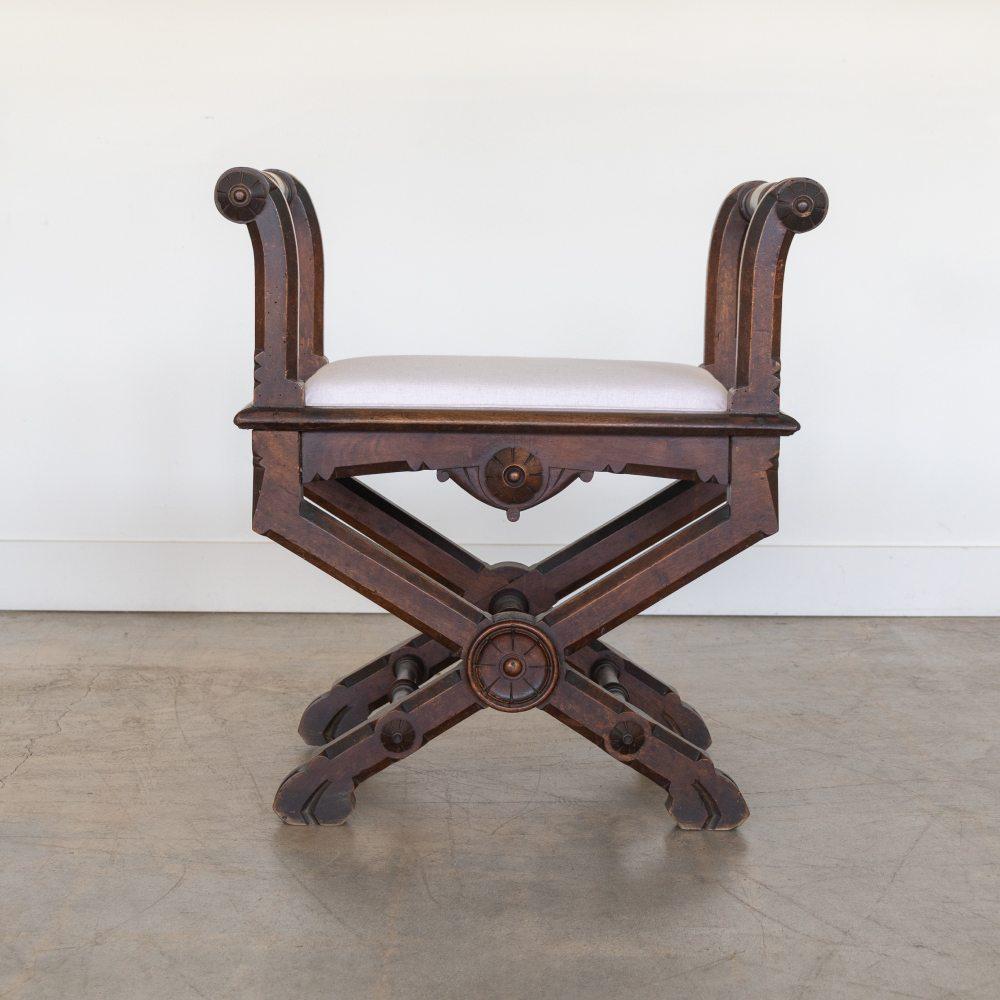 Pair of French Carved Wood and Linen Stools For Sale 5